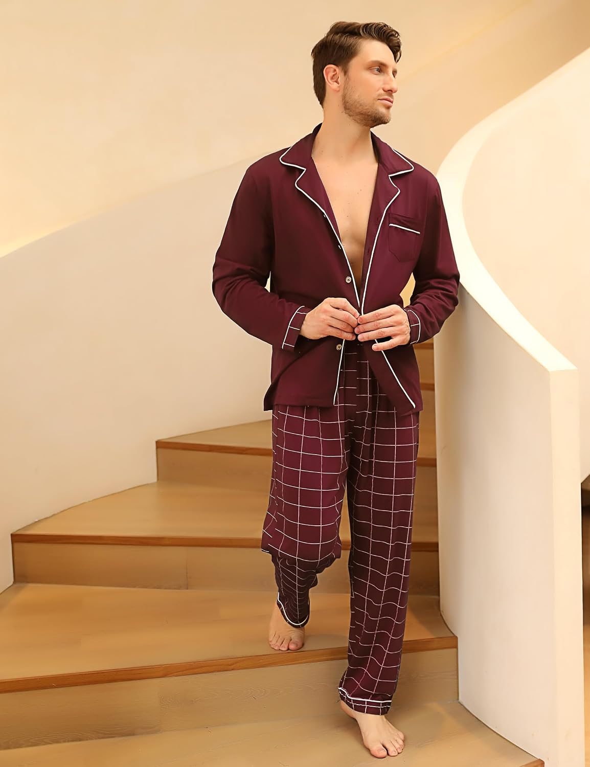 Detalle de Bresdk Pyjama Homme en Coton – Ensemble 2 pièces, hiver, carreaux/uni, manches longues