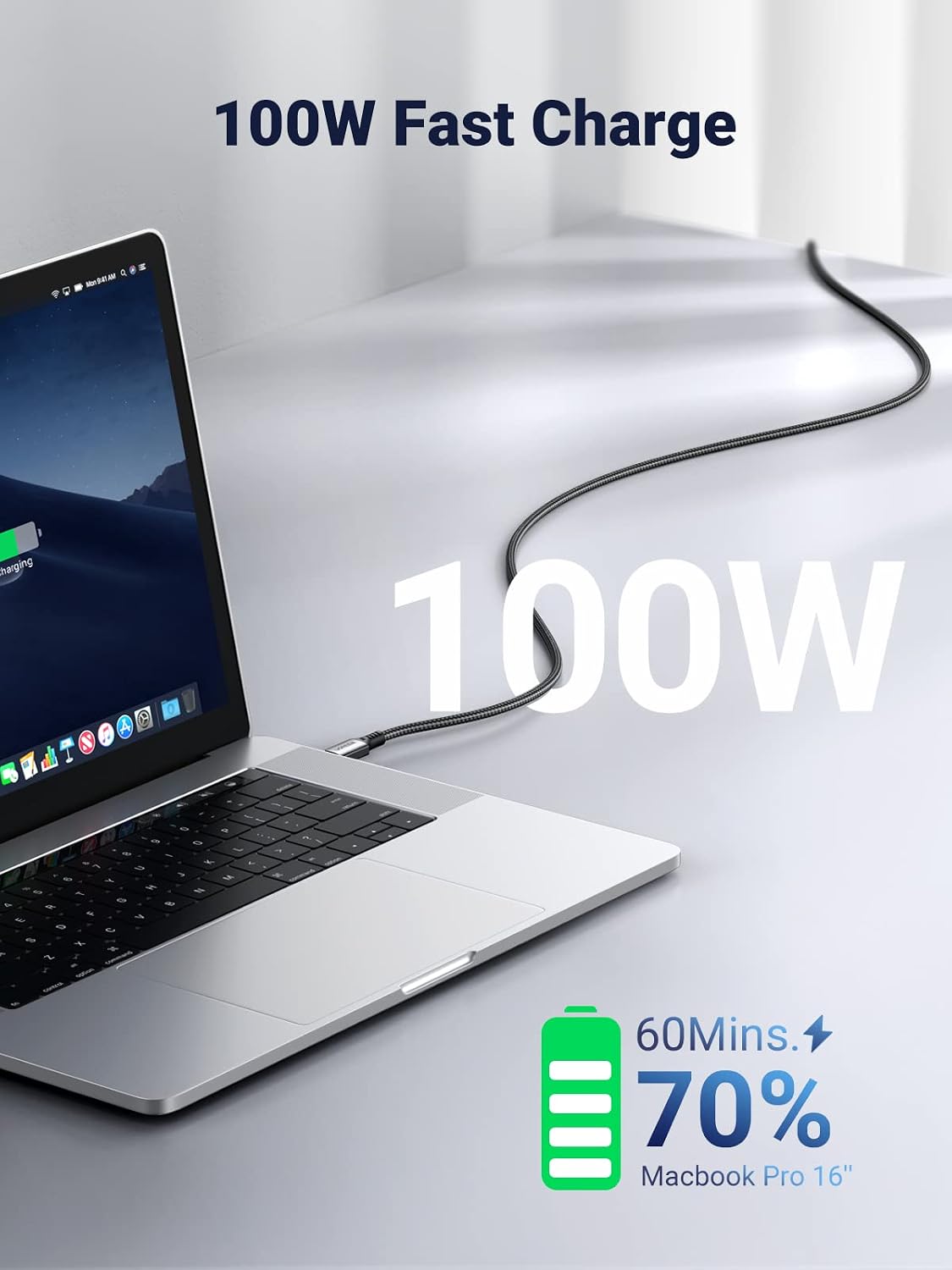 Detalle de UGREEN 90818 USB-C to USB-C Cable, 100W, 2m, Nylon