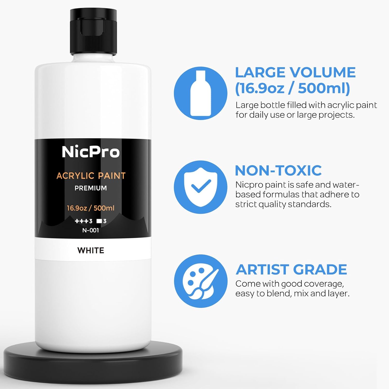 Detalle de Nicpro White Acrylic Paint (16.9 oz / 500 ml) – Rich, Creamy, Non-Toxic for Multi-Surface Use
