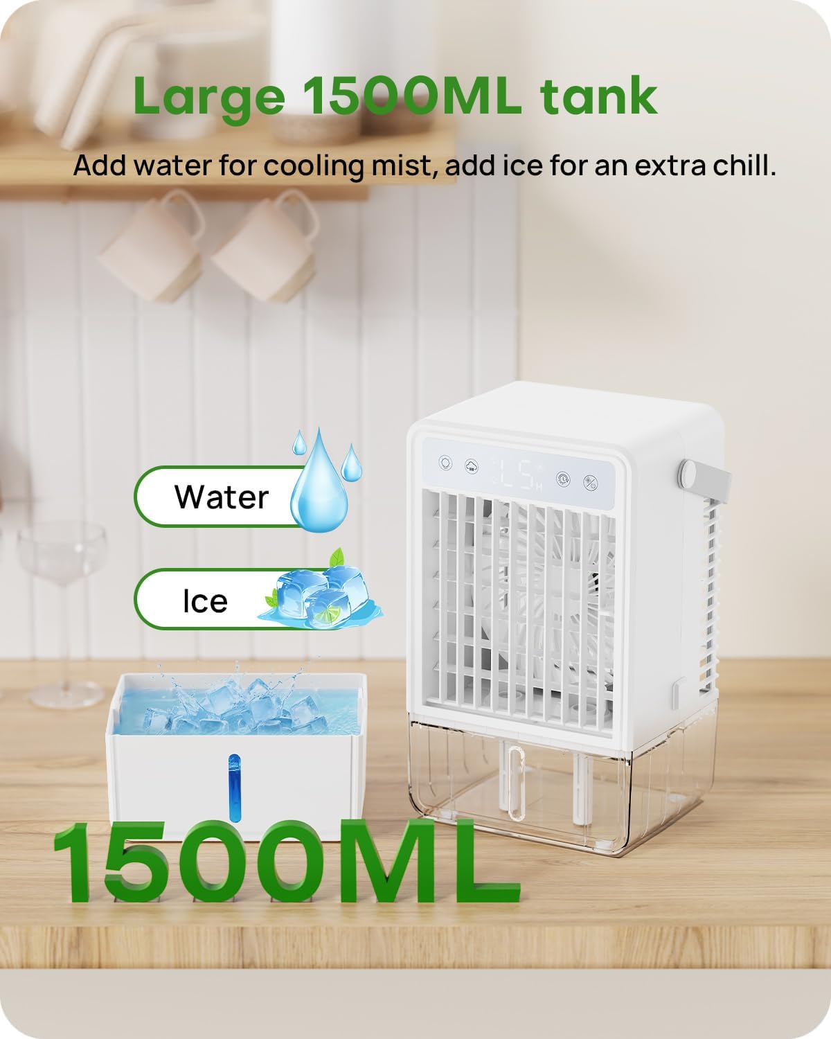 Detalle de Portable Air Conditioner with Remote 1500ML – 4-in-1 Portable Cooler, Humidifier, Light and Fan