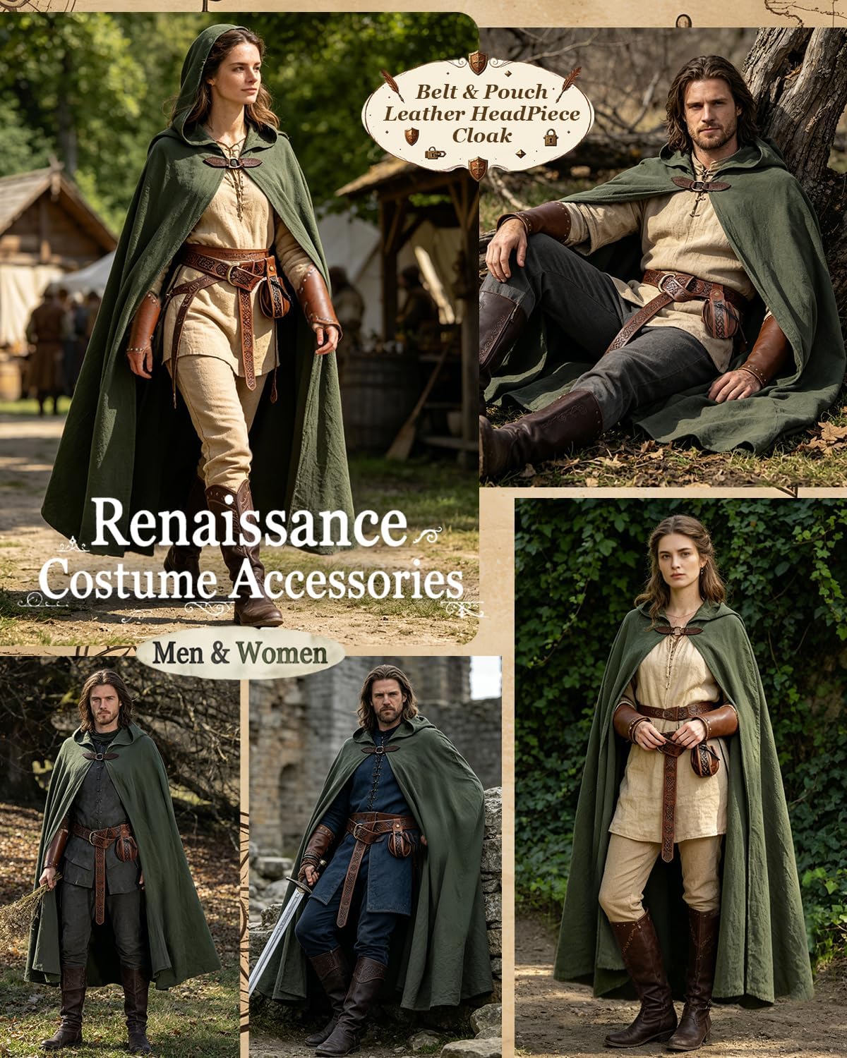 Detalle 2 de Kasahara Renaissance Hooded Cloak Costume Set with Belt, Pouch and Bracers