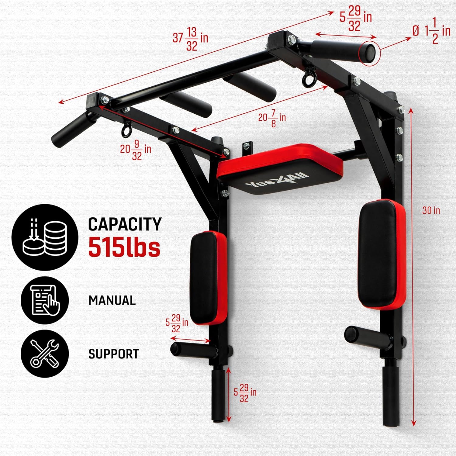 Detalle de Yes4All Pull Up Bar Wall Mounted 515 lbs
