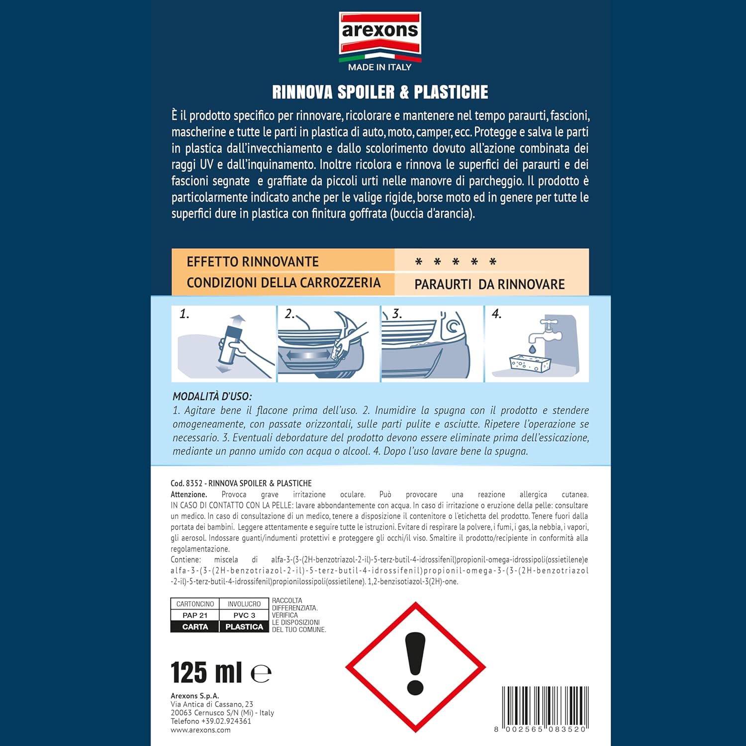 Detalle 2 de Rinnova spoiler nero blister 125ml di Arexons: rinnova e protegge le plastiche esterne
