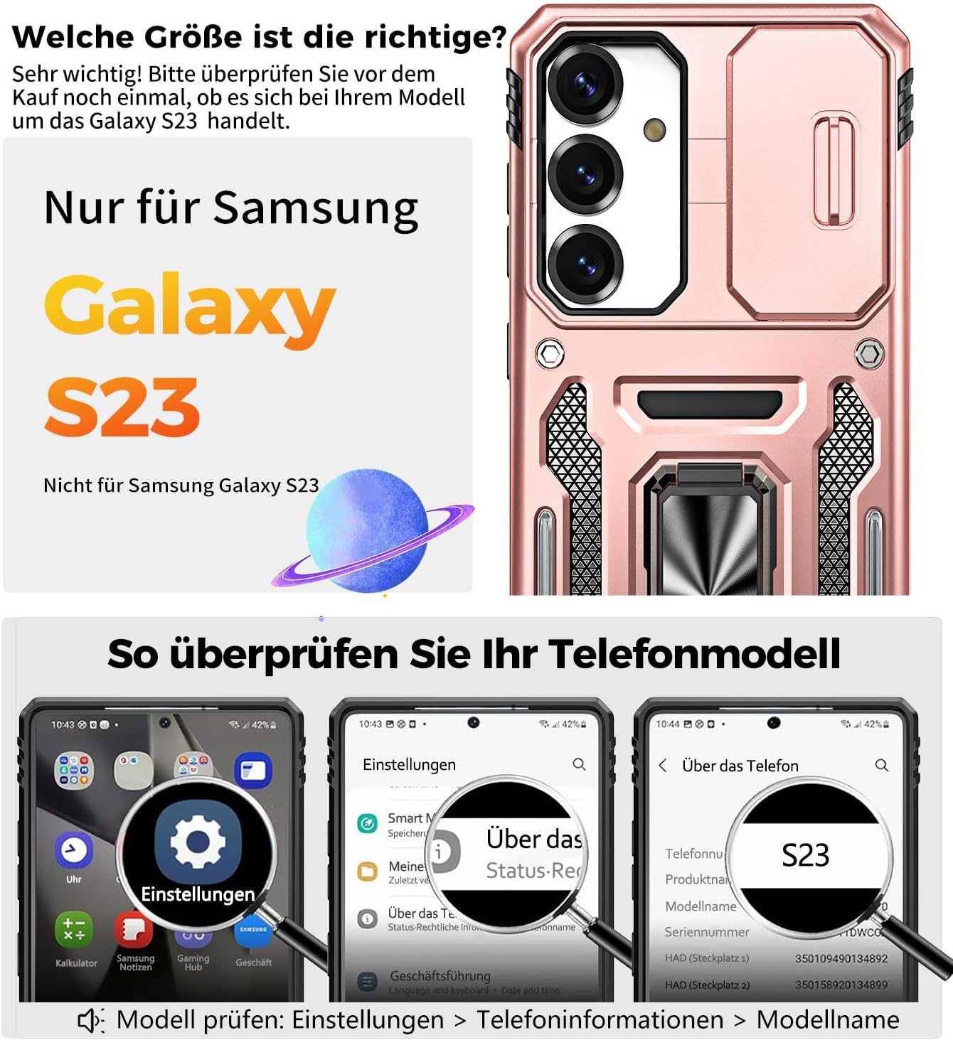 Thumbnail 5 de OLHAOMAO Hülle für Galaxy S23 mit Ständer – Schiebbare Kameraabdeckung, Militärschutz, rosa