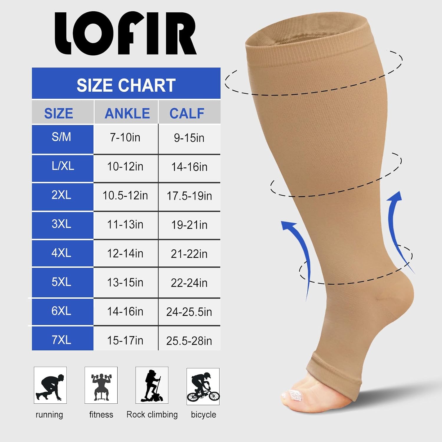 Detalle 2 de LOFIR Plus Size Compression Socks: Flight Socks for Women and Men with Wide Calves (20–30 mmHg, Open Toe)