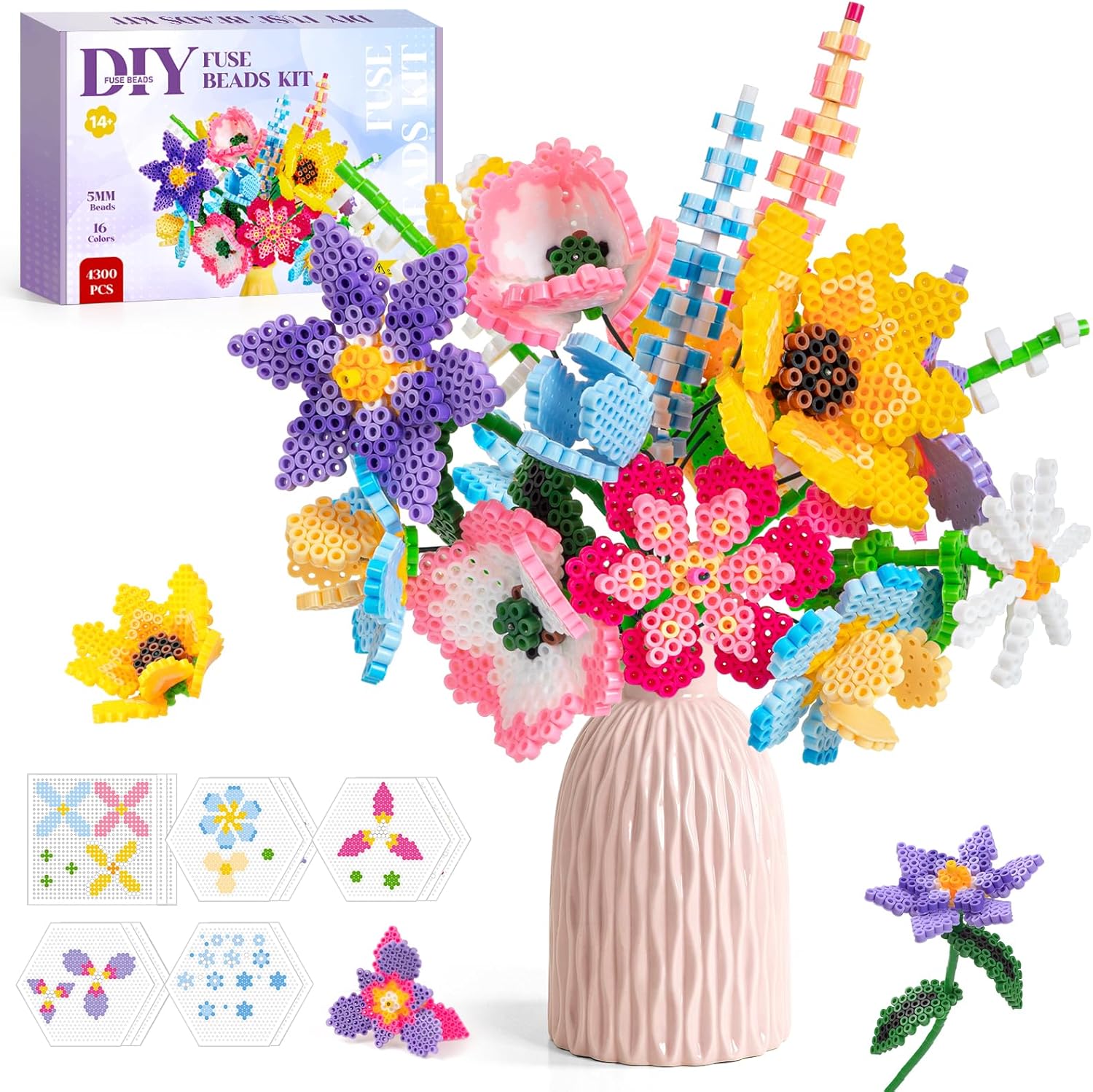 Detalle de WEVOL Bügelperlen Bastelset Blumen mit 4.300 Steckperlen (5 mm), 16 Farben, 14 Vorlagen & Aufbewahrungsbox