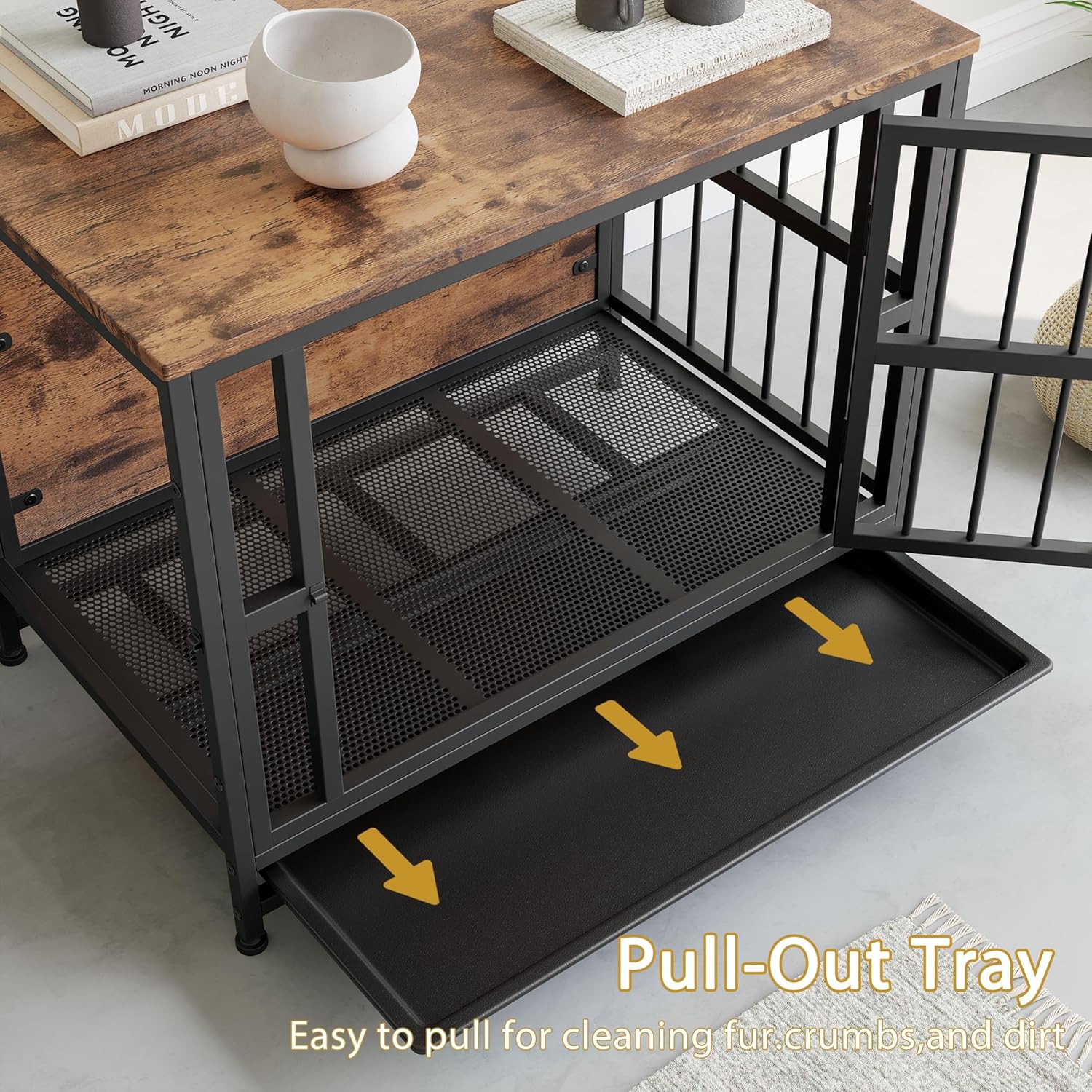 Detalle 2 de BORPHOM 32.68" Wooden Dog Crate Furniture – Large indoor kennel with 2 doors and removable tray