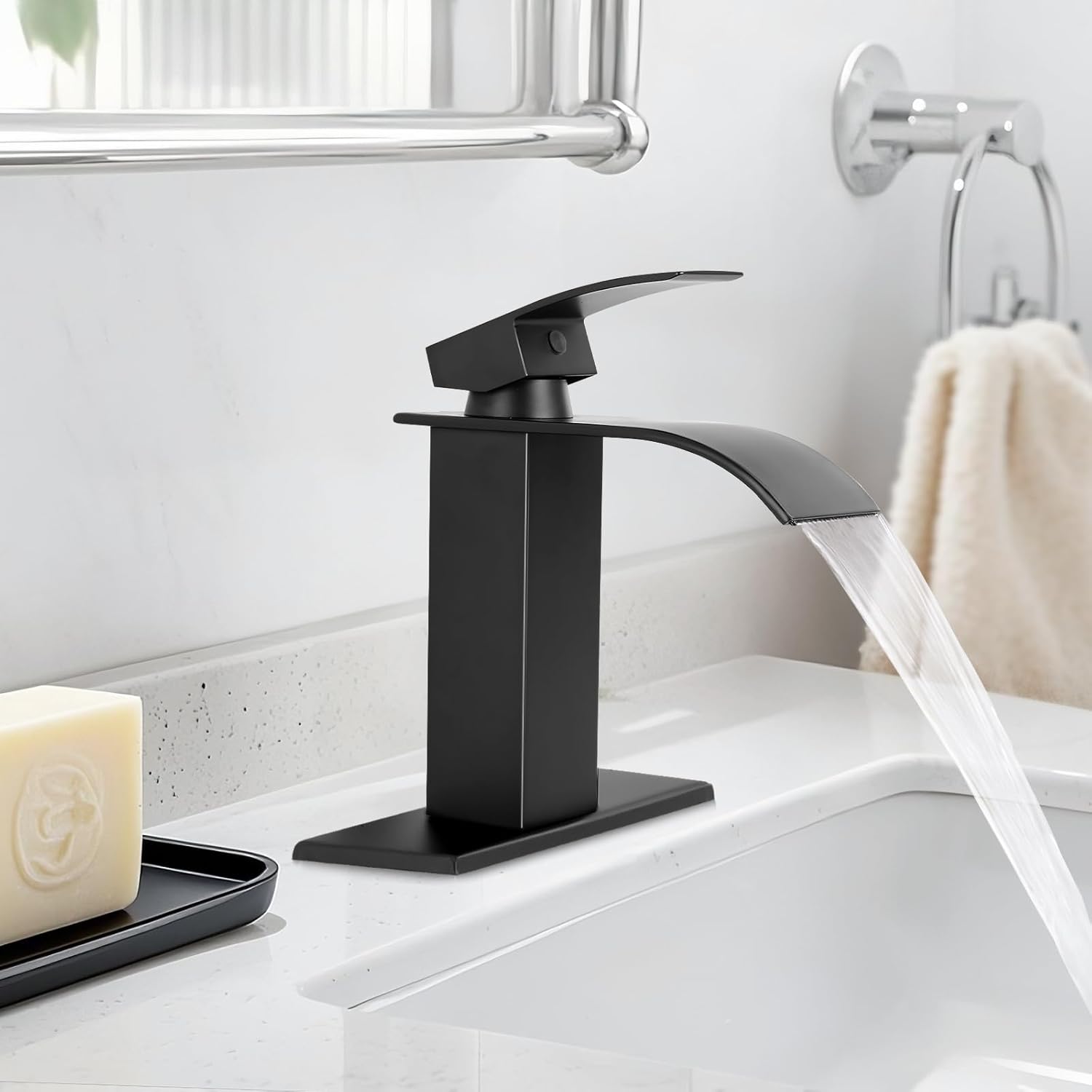 Thumbnail 5 de RNDIOZD Matte Black Waterfall Bathroom Faucet (Single-Handle) with Pop-Up Drain, Deck Plate & Hoses