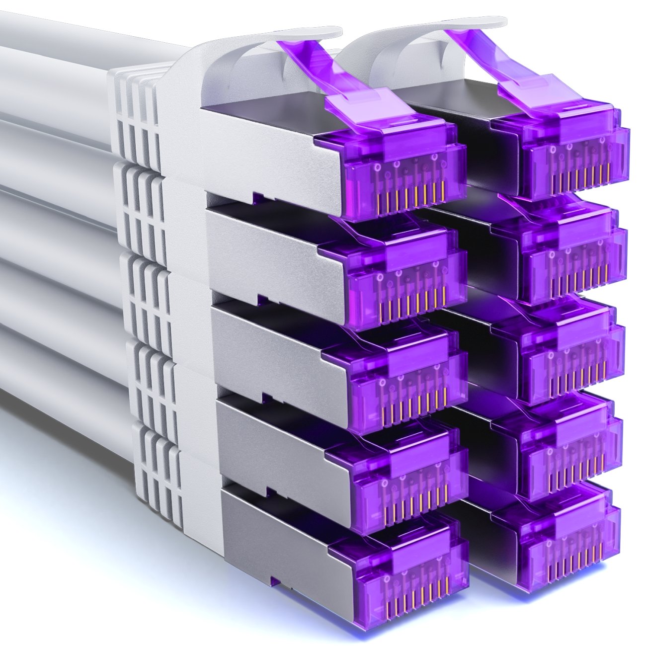 deleyCON CAT7 Patchkabel 2 m RJ45, 10 Gbit/s, S-FTP PiMF, 10er Pack – Weiß