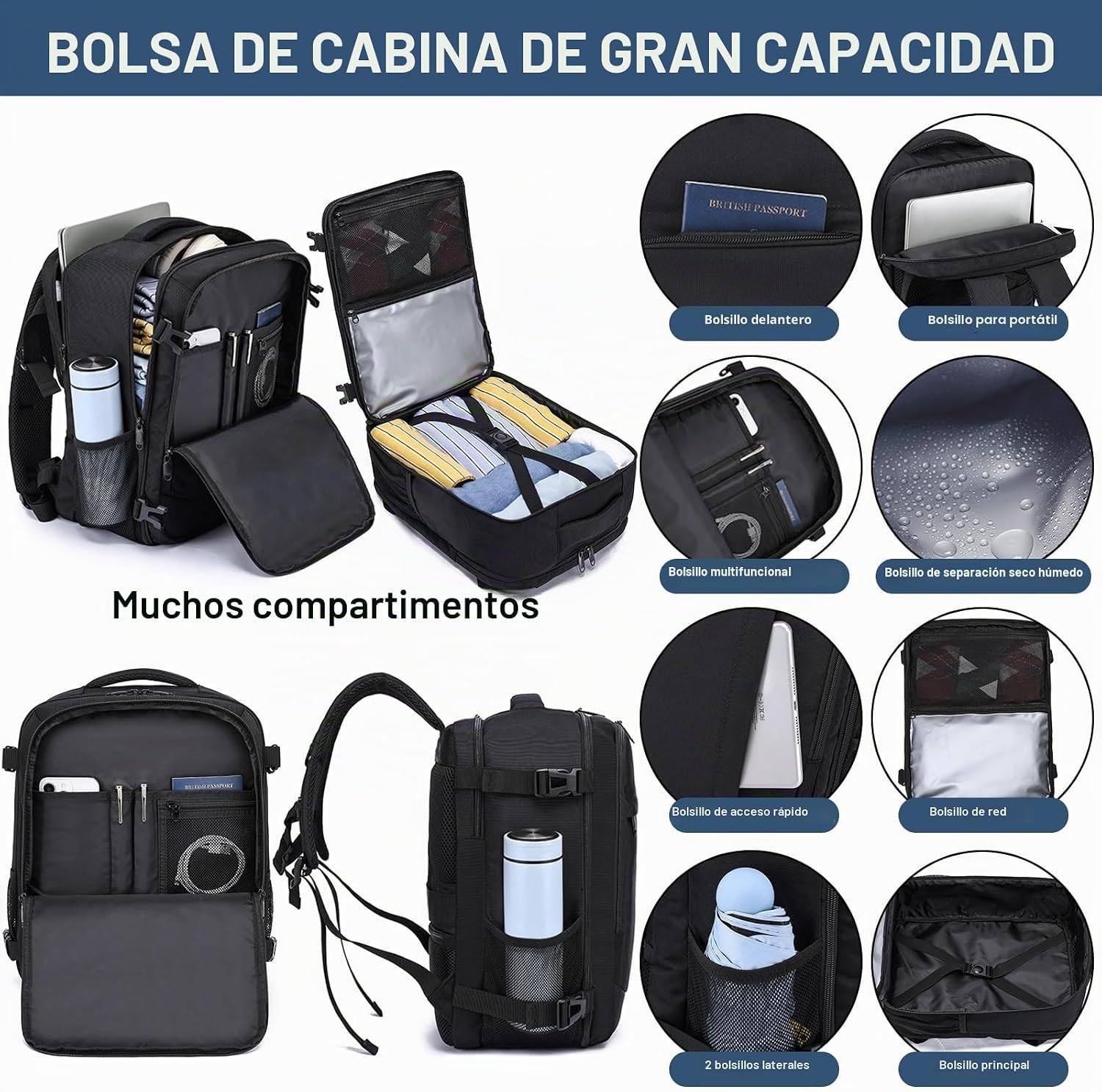 Thumbnail 3 de Mochila Viaje 40x30x20 para Ryanair, Vueling, Mochila Cabina 40x20x30 Mochila Viaje Cabina Avion con Compartimento Impermeable 24L Equipaje de Mano Bolsa Portatil 14 Pulgadas para Trabajo, Viajes