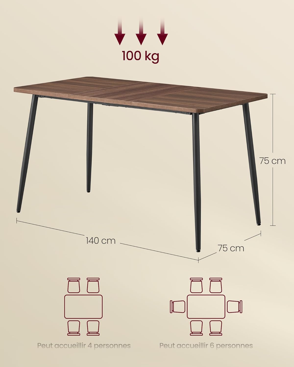 Thumbnail 1 de VASAGLE Table de Cuisine 75 x 140 cm – Style Ferme Moderne (KDT100KE02V1) en Noyer Naturel et Noir d'encre