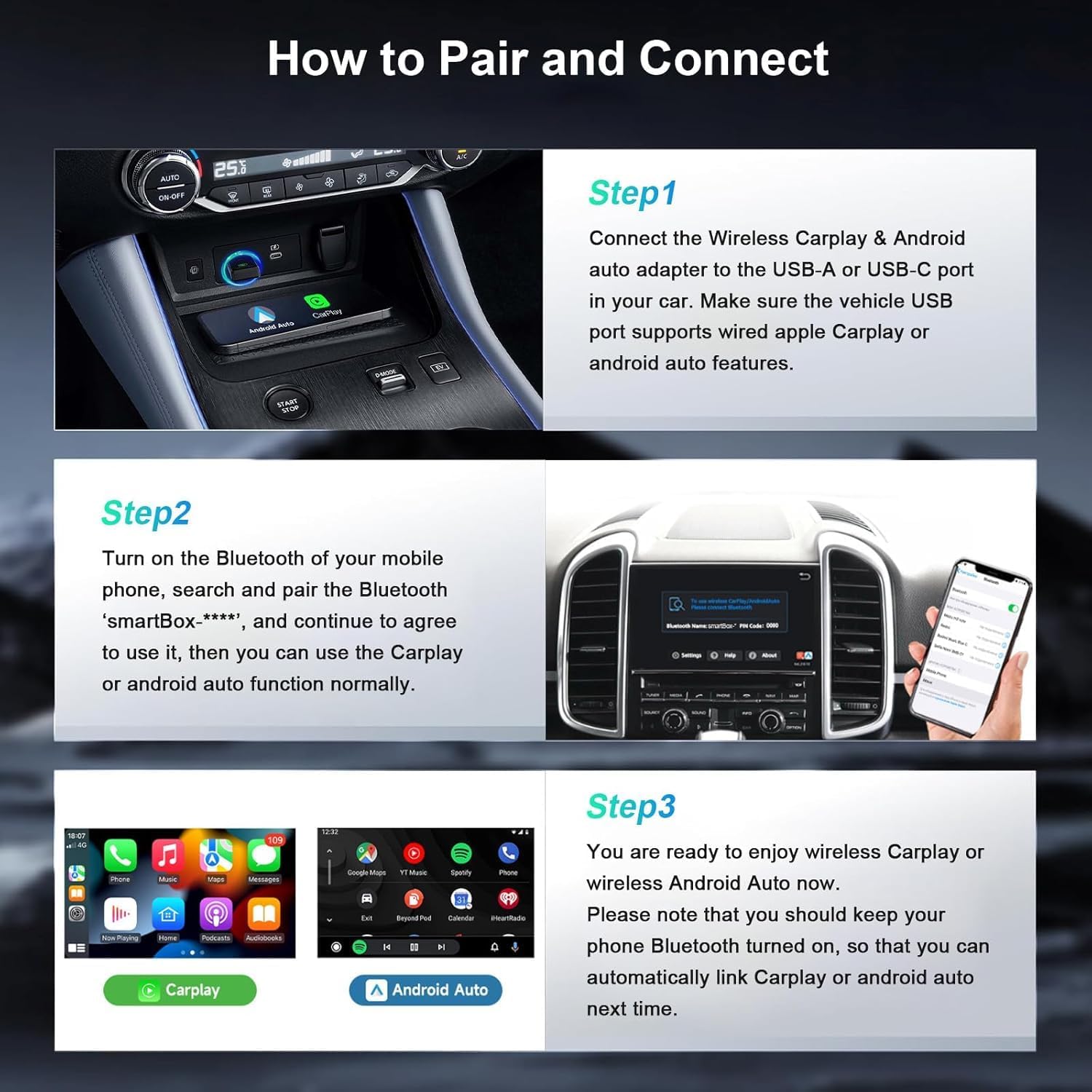 Thumbnail 6 de PWAYTEK Adattatore 2 in 1 Apple CarPlay Wireless 2025: Bluetooth 5.3 e Wi‑Fi 5.8GHz, Plug&Play per auto 2016+