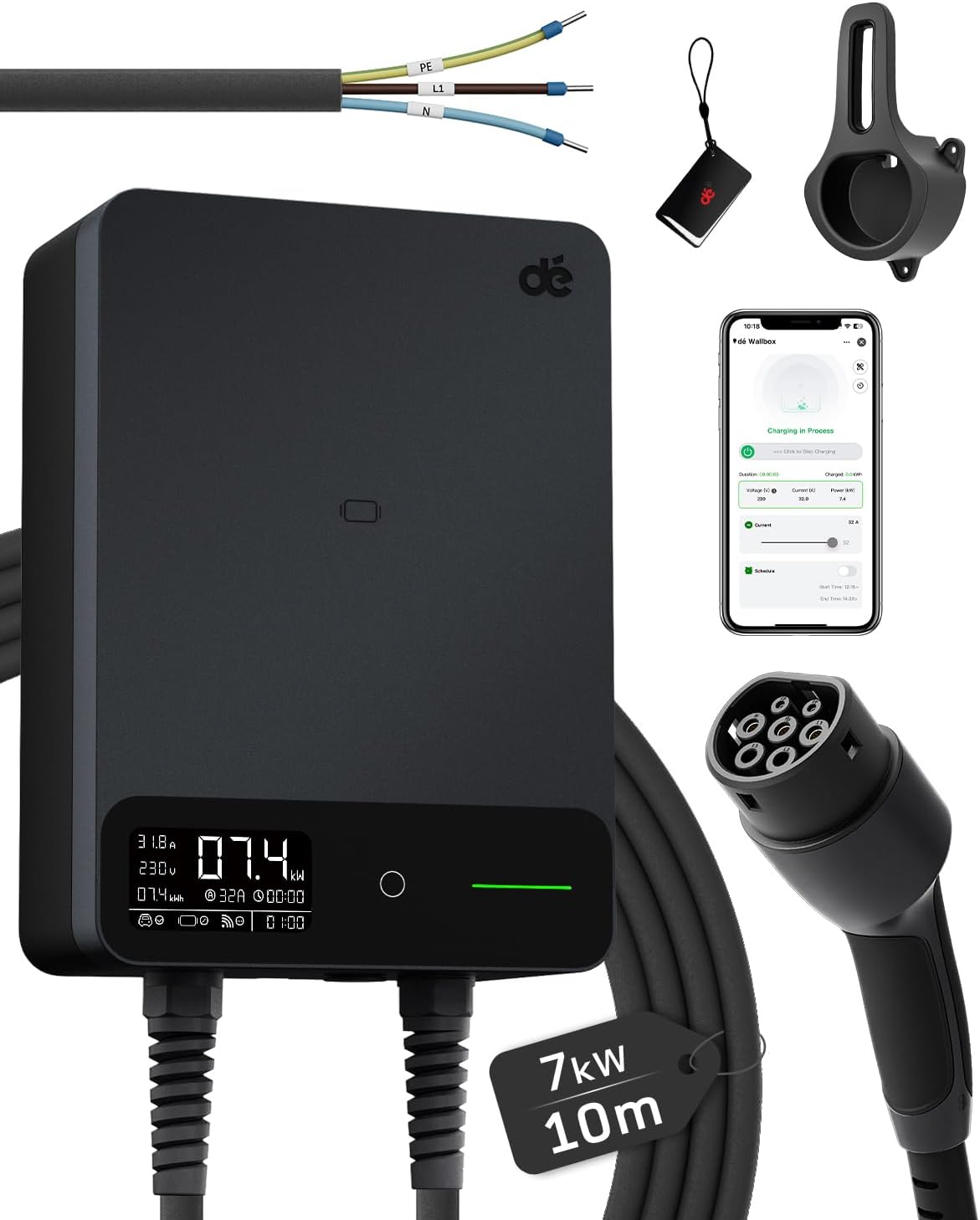 Detalle de Dé Wallbox 7,4 kW Tipo 2 con App e Cavo 10 m: ricarica domestica monofase affidabile