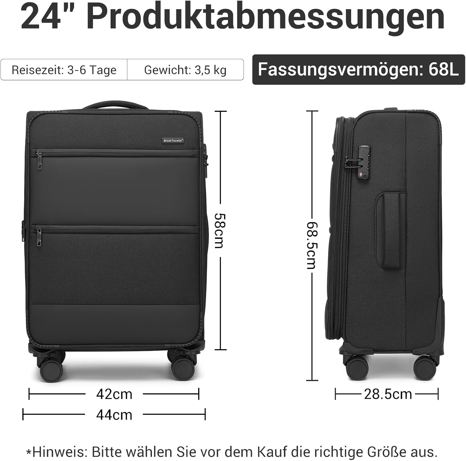 Detalle 2 de British Traveller Erweiterbarer Mittelgroß Koffer 68L – 4-Rollen, TSA, 68,5x44x28,5 cm