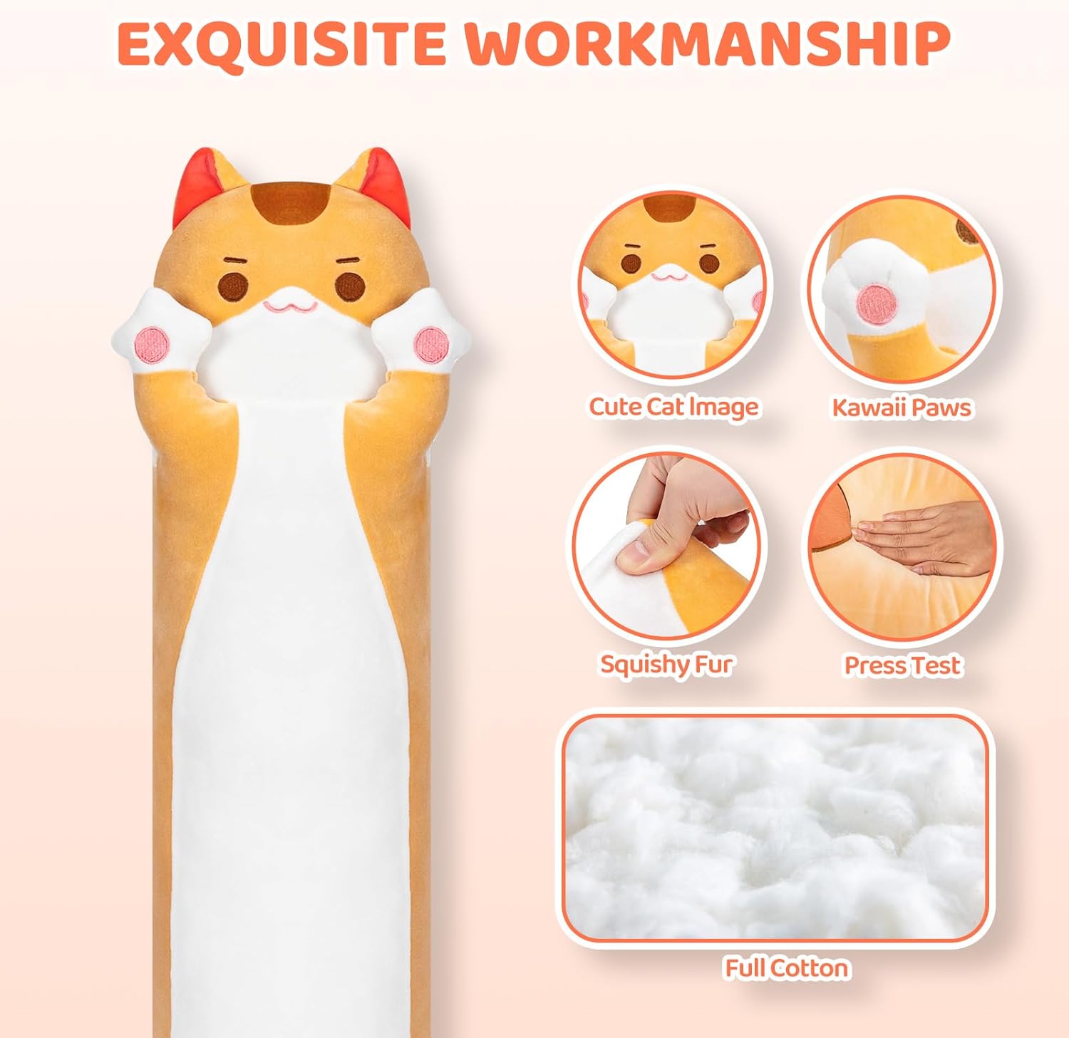 Detalle de Mewaii Peluche Coussin Long 70 cm — Oreiller chat kawaii pour enfant