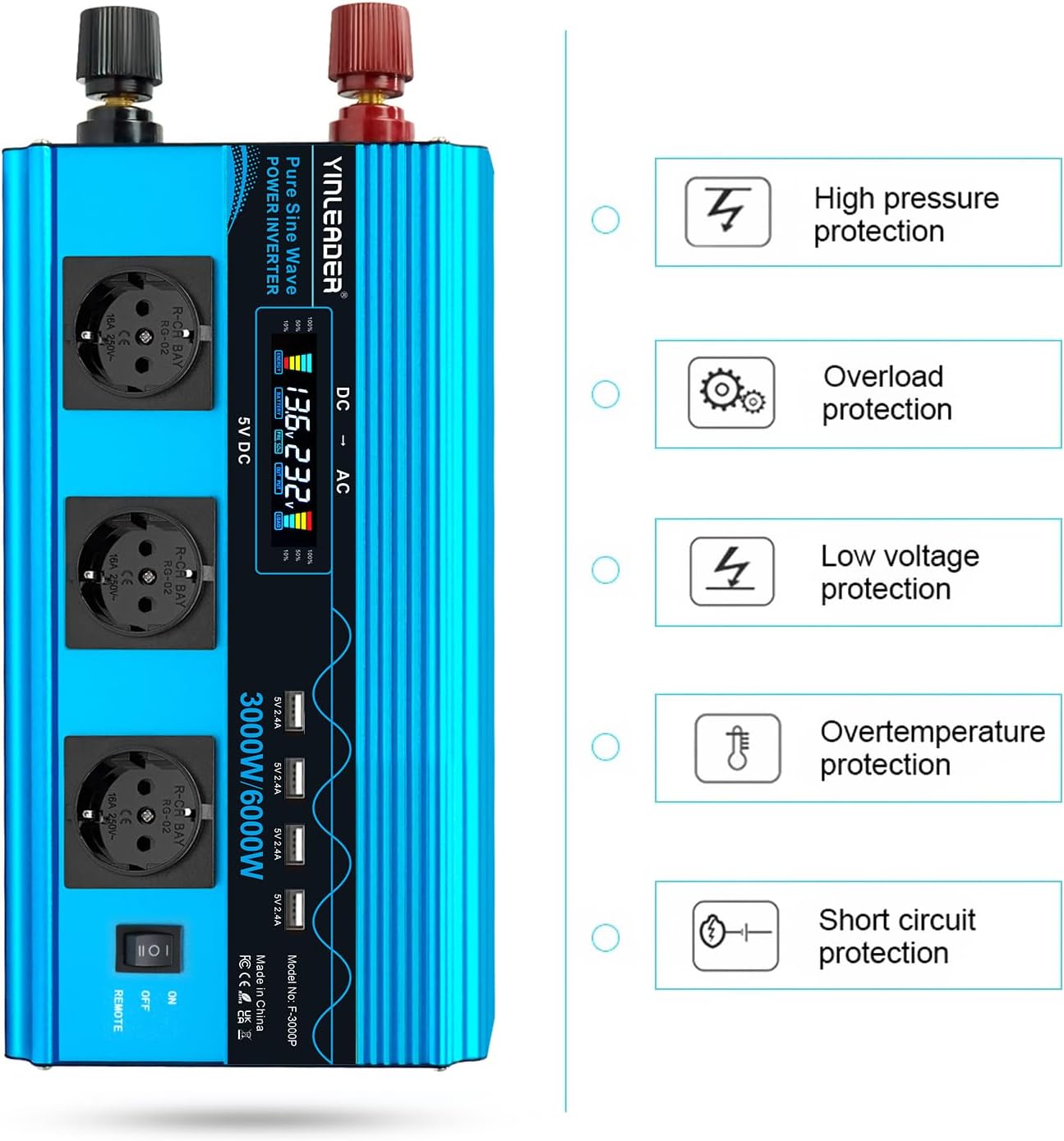 Thumbnail 4 de Yinleader Wechselrichter 3000W/6000W – Reiner Sinus 12V auf 230V mit 3 EU-Steckdosen und 4 USB