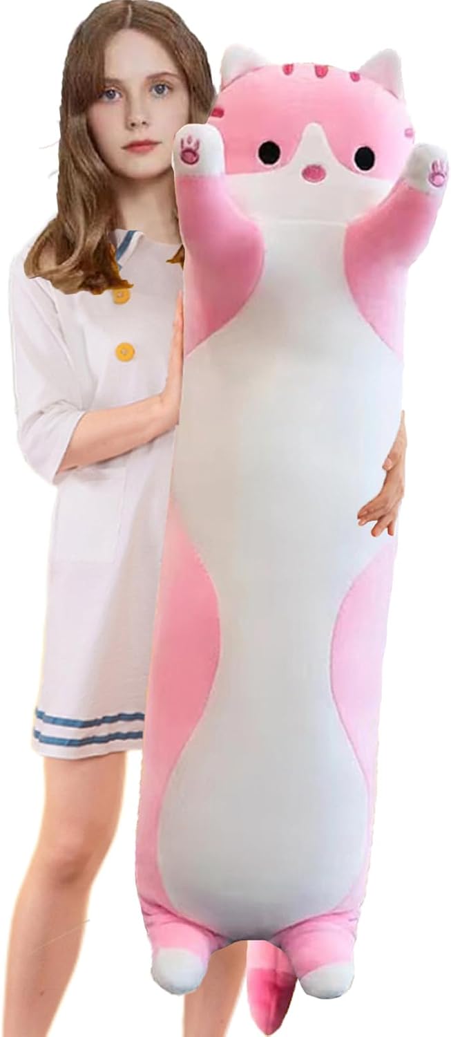 Detalle de Aiuidun Lange Katze Kuscheltier – 90 cm Pinkes Plüschkissen