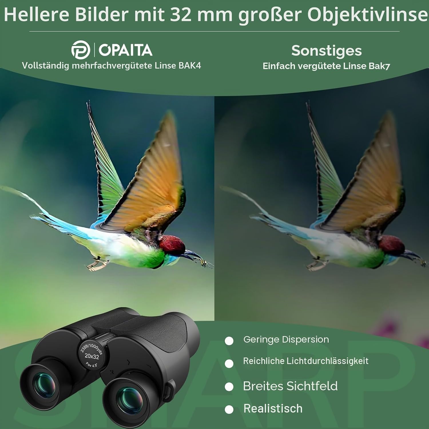 Detalle de Opaita 20x32 Kompaktfernglas für Vogelbeobachtung