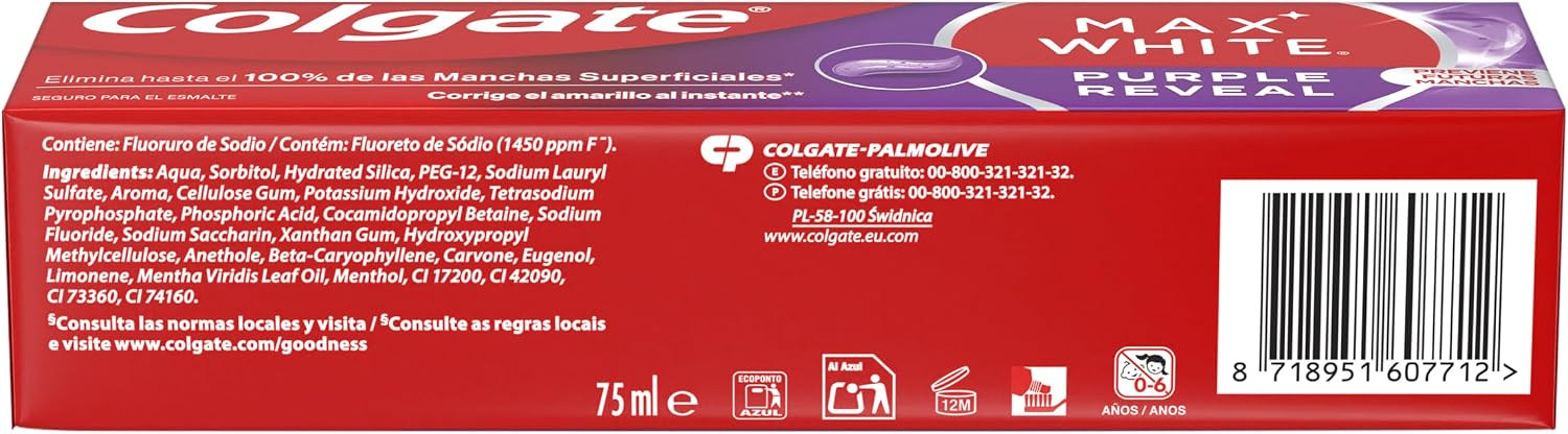 Detalle 2 de Colgate Max White Purple Reveal Pasta blanqueadora 4 x 75 ml 🪥
