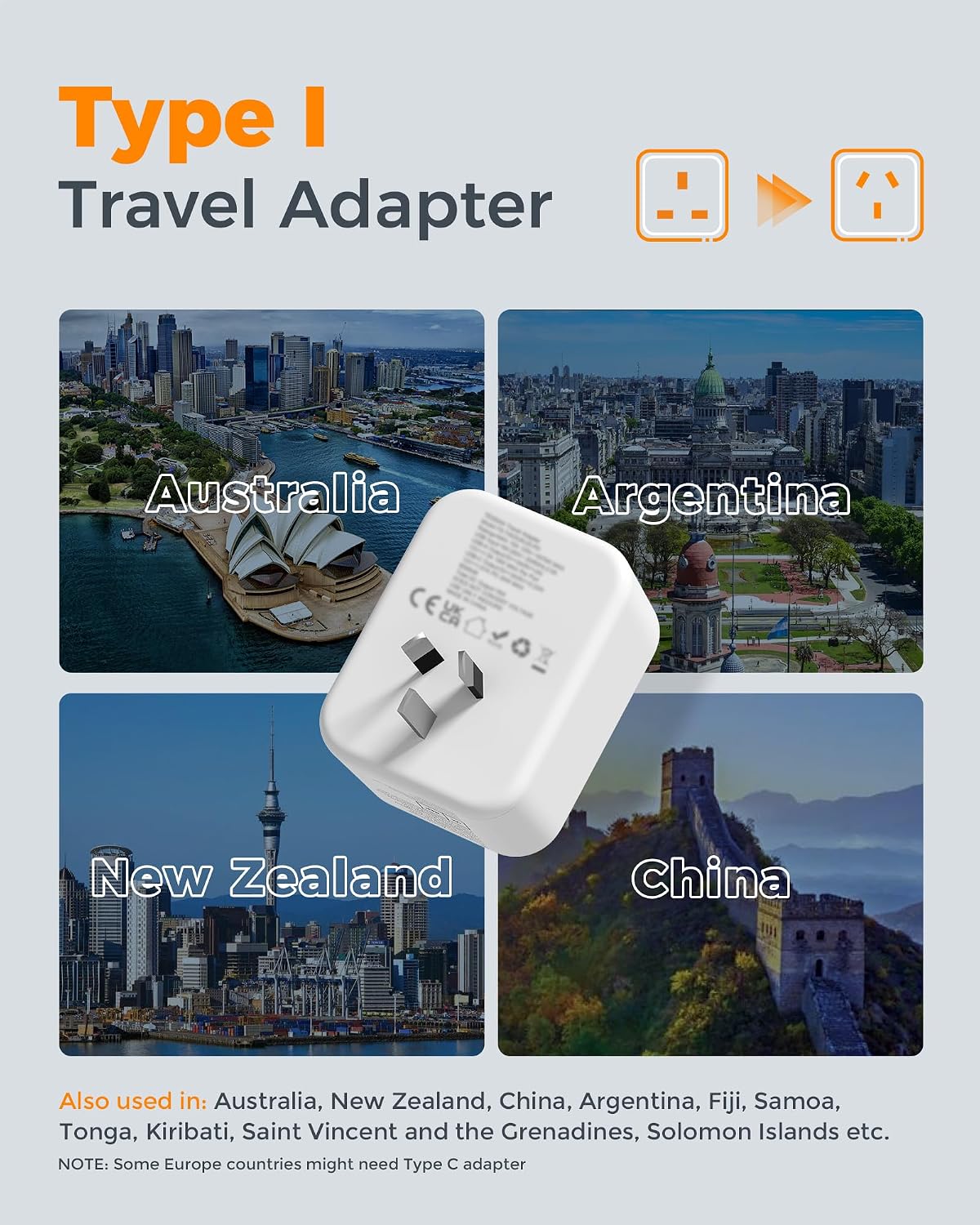 Detalle 2 de TESSAN UK to Australia Plug Adapter 2-pack with USB A and USB‑C 🔌
