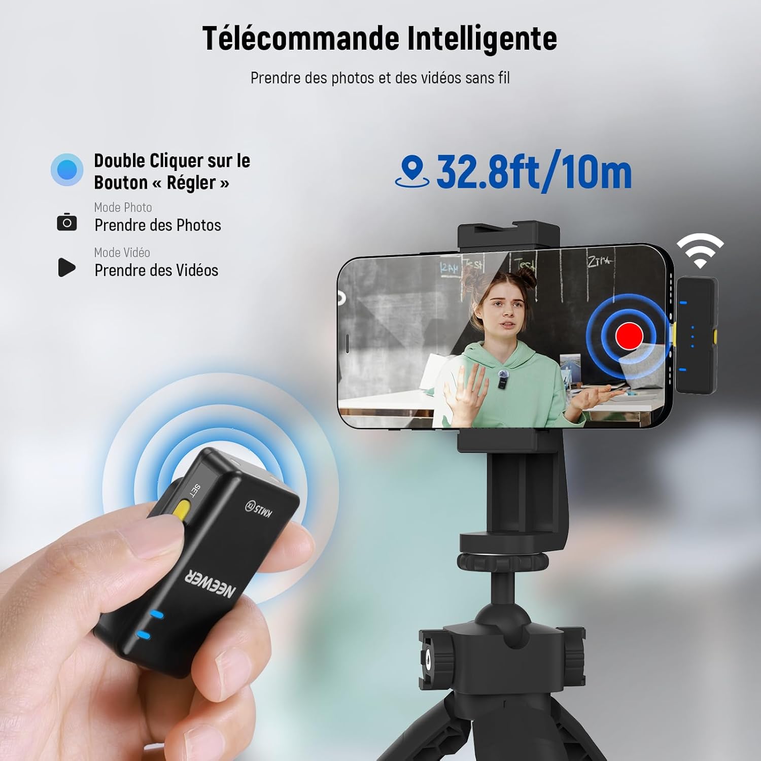 Detalle de NEEWER Kit micro sans fil lavalier KM15 : récepteur USB‑C + 2 émetteurs TX + boîtier de charge OTG