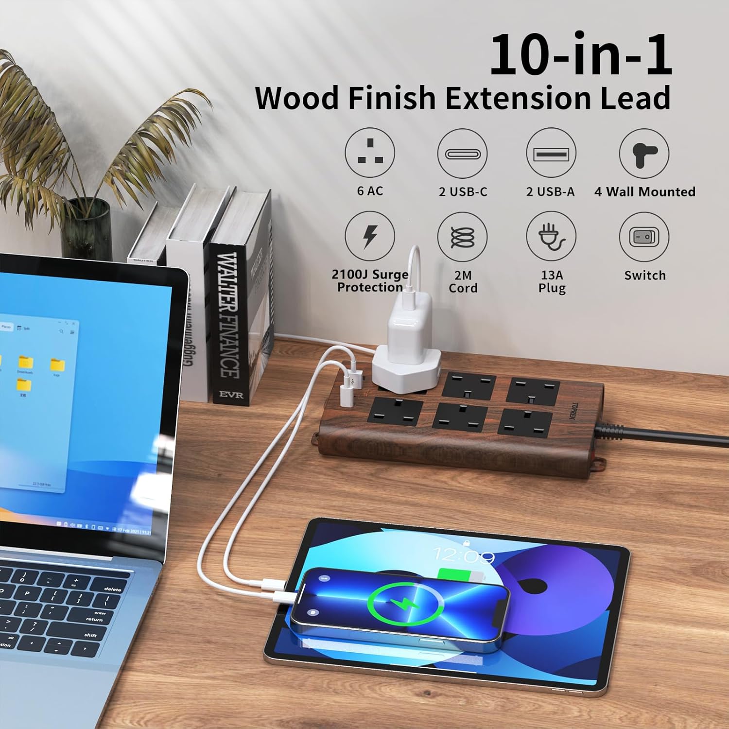 Detalle de TOPREK Wood Grain 6-Way Extension Lead with 2USB-C, 2USB-A & Surge Protection (2m, Brown)