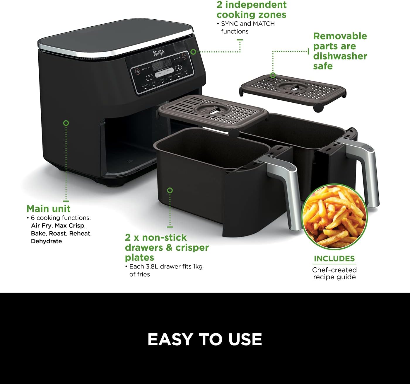 Detalle de Ninja AF300UK dual zone air fryer 7.6L