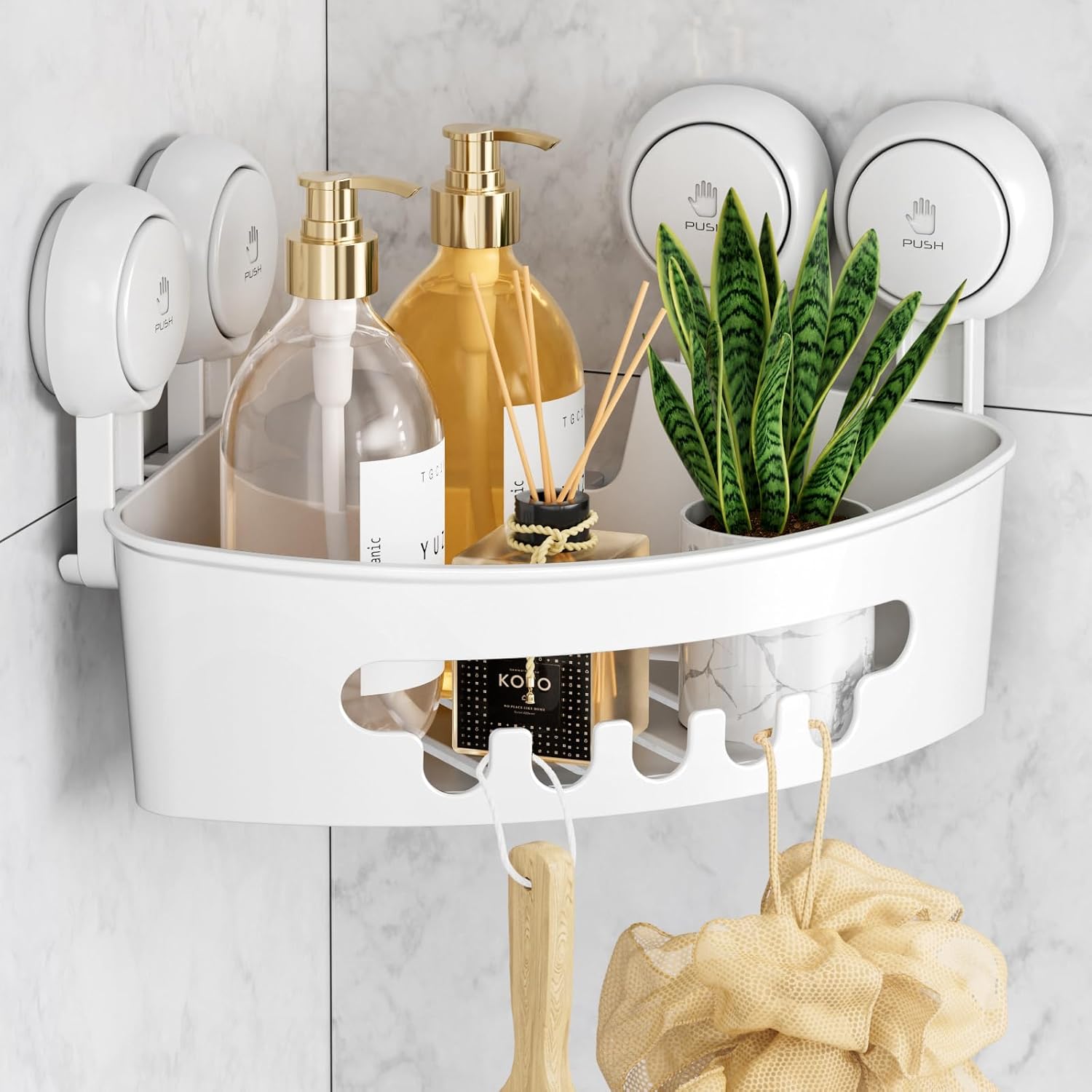 Detalle de LEVERLOC Corner Suction Shower Caddy: No-Drill, Rust-Free Corner Shelf