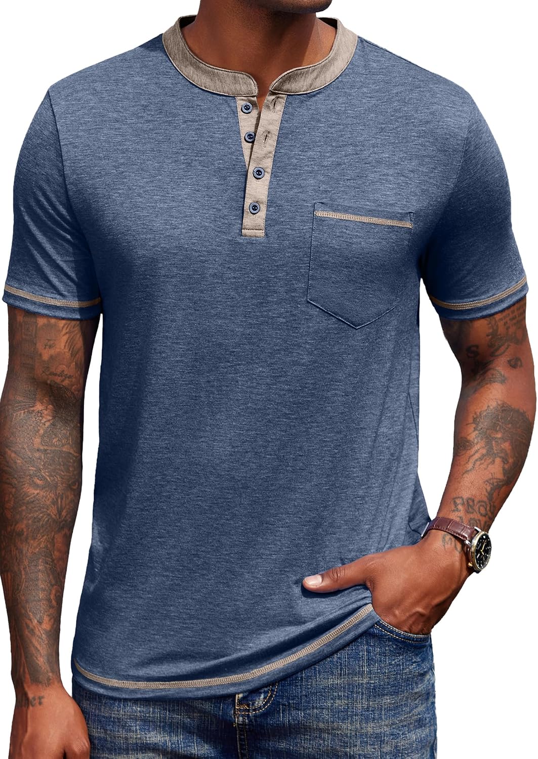 Detalle de COOFANDY Chemise Henley à Manches Courtes pour Homme avec Poche – T-shirt estival décontracté