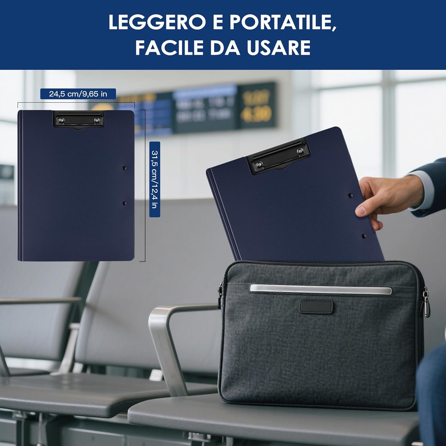 Detalle de Portablocco A4, Cartellina Portadocumenti con Doppia Clip in Plastica – Blu