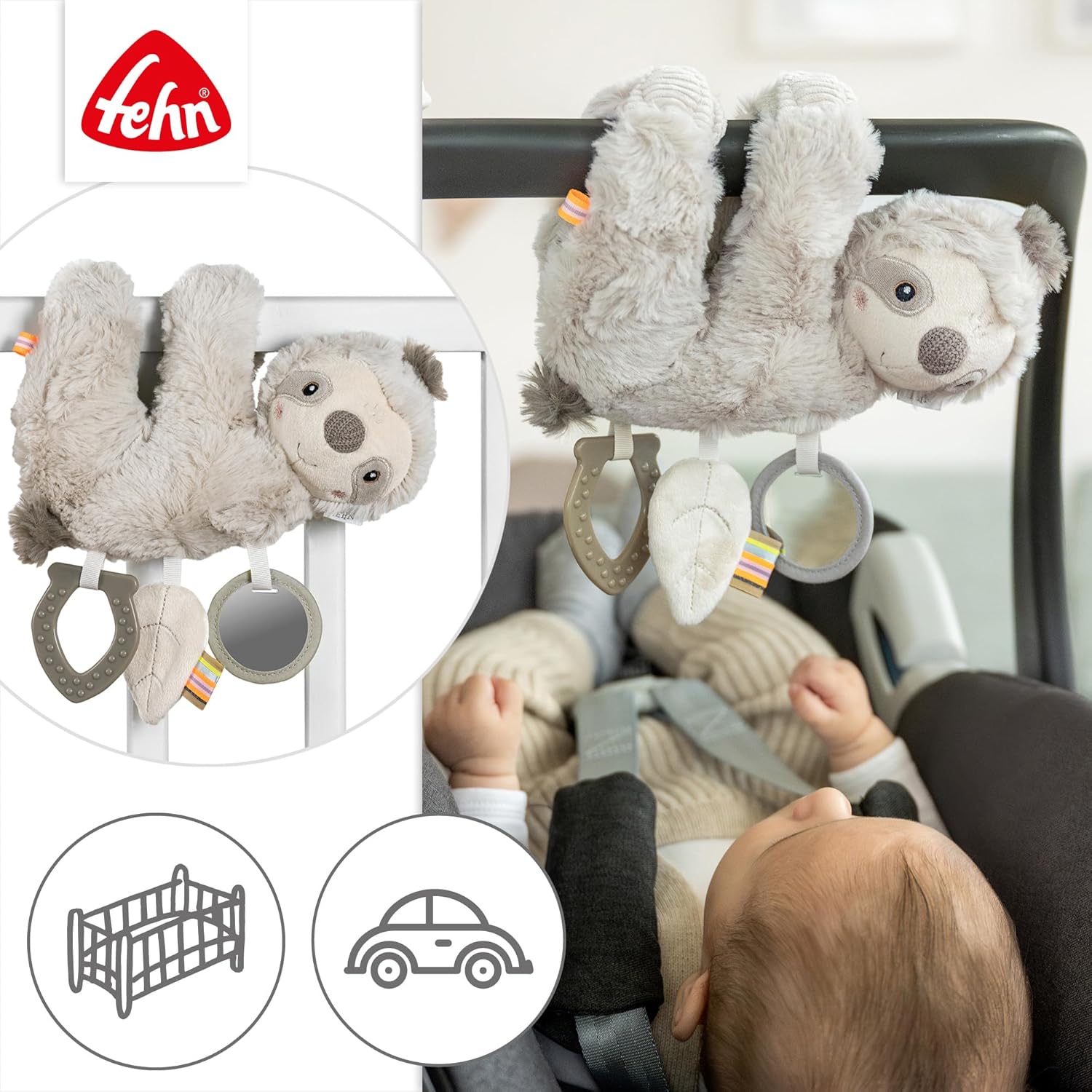 Detalle de Fehn Activity-Faultier – Motorikspielzeug zum Aufhängen für Kinderwagen, Kinderbett und Babyschale