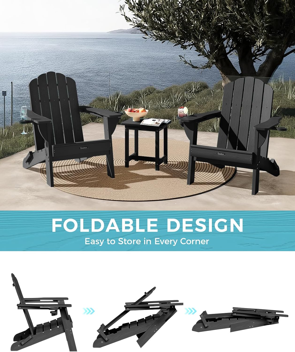 Thumbnail 6 de Eesdom Folding Adirondack Chairs, Set of 4, Black with 2 Cup Holders