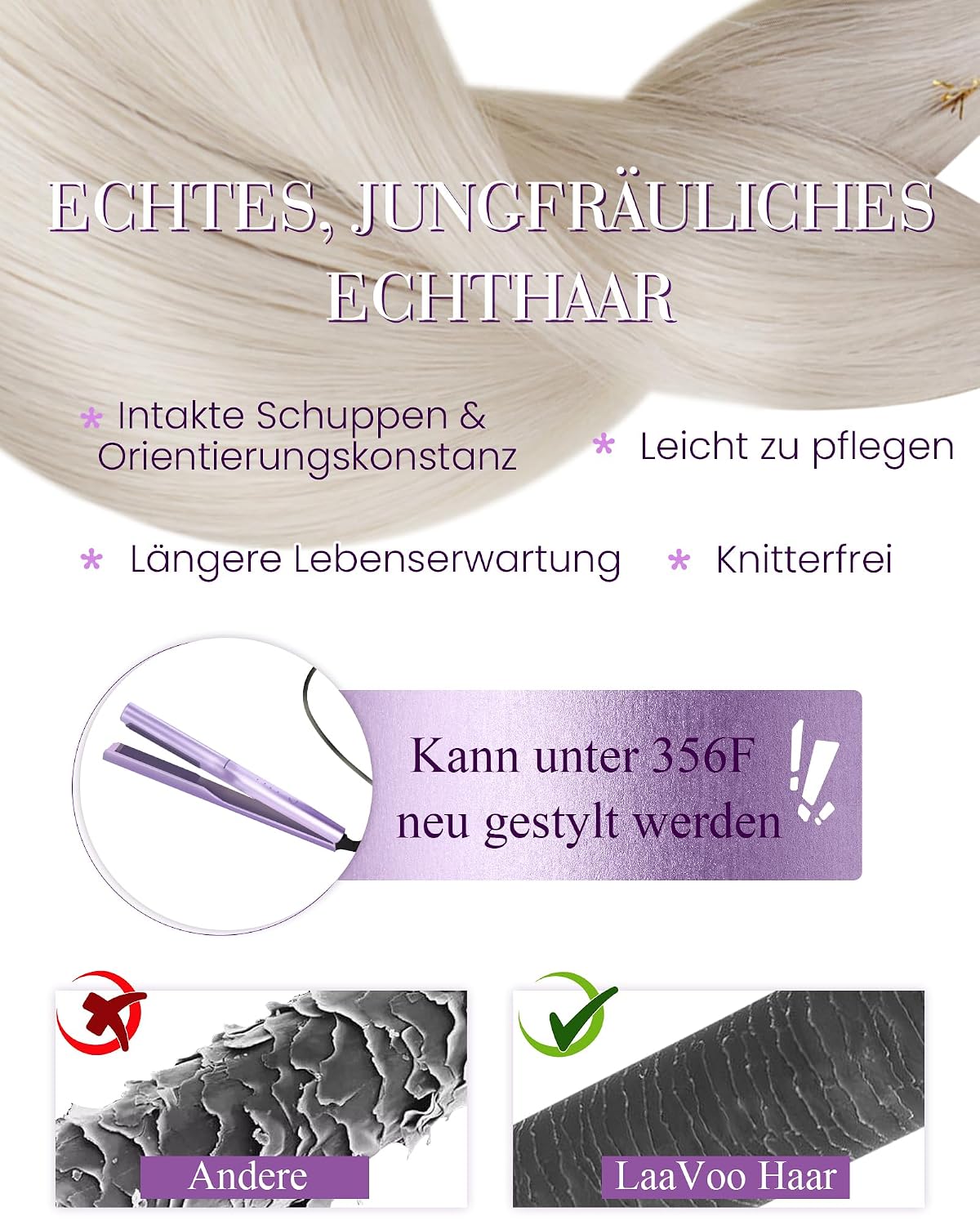 Thumbnail 3 de LaaVoo Bonding Extensions aus Echthaar (Platinblond), U-Tip Keratin Bondings, 1 g/s, 40 cm, 50 g (#60)