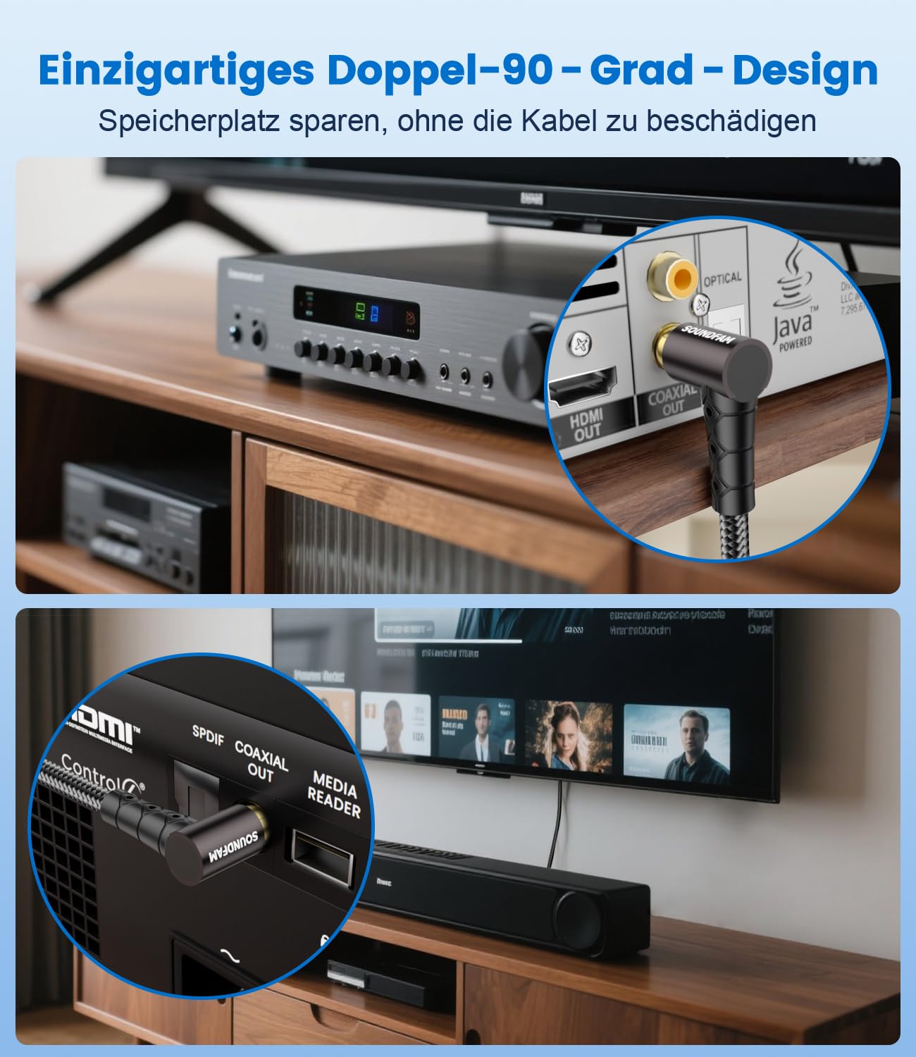 Thumbnail 6 de SOUNDFAM Doppeltes 90 Grad RCA Subwoofer Kabel 1 M – 24K vergoldete Stecker, flexibles Right-Angle Kabeldesign