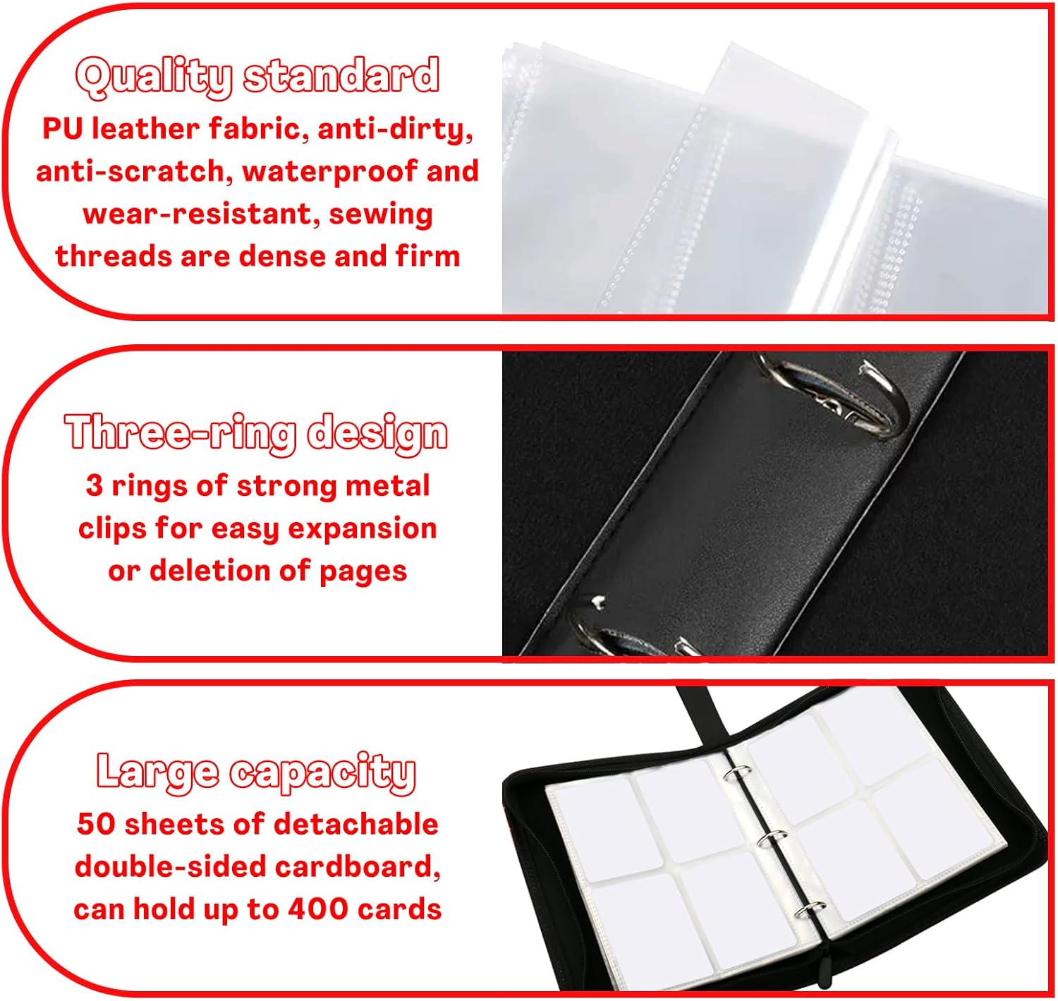 Thumbnail 3 de Card Binder with Zipper and 4 Pockets (50 Pages) — Holds 400 Cards in PU Waterproof Leather