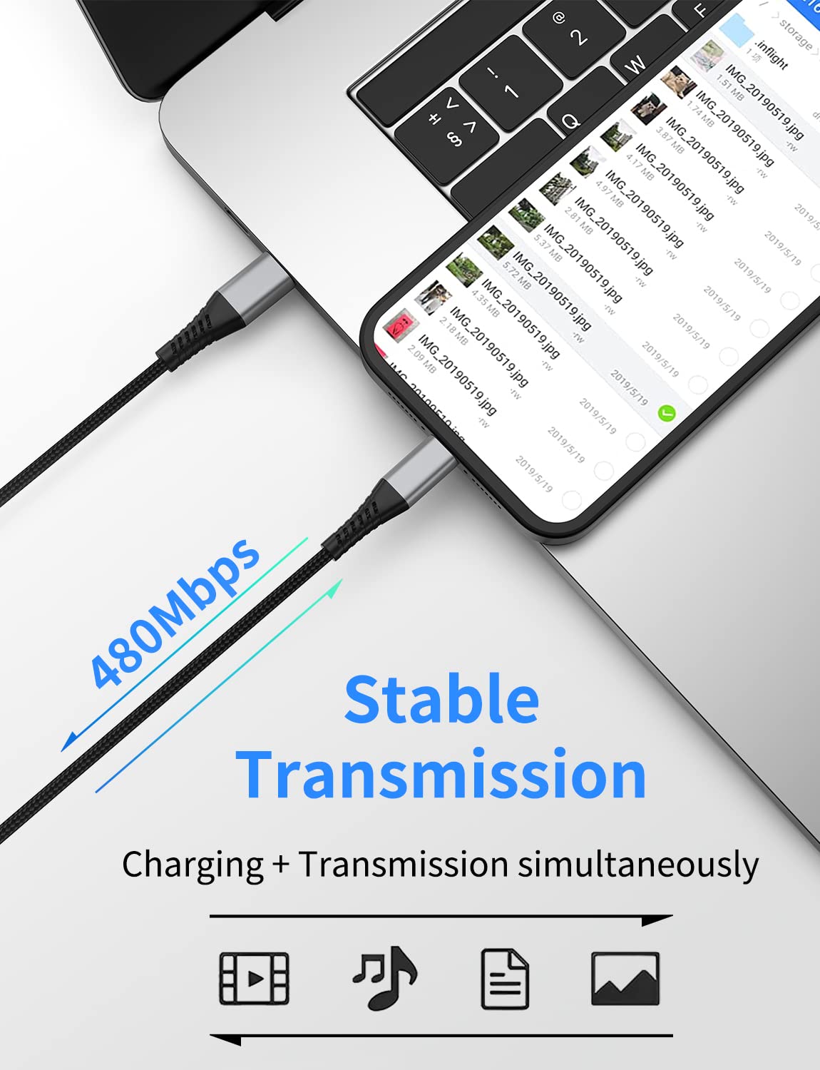 Detalle de PEAKLIFT USB-C to USB-C Cable 1m (3-pack) with USB Power Delivery fast charging, braided 60W 3A