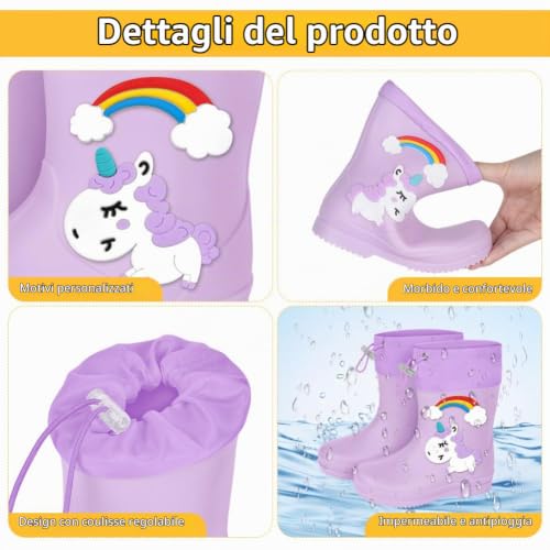 Detalle 2 de Aomig stivaletti da pioggia per bambini EU 24-25 in PVC, unicorno viola