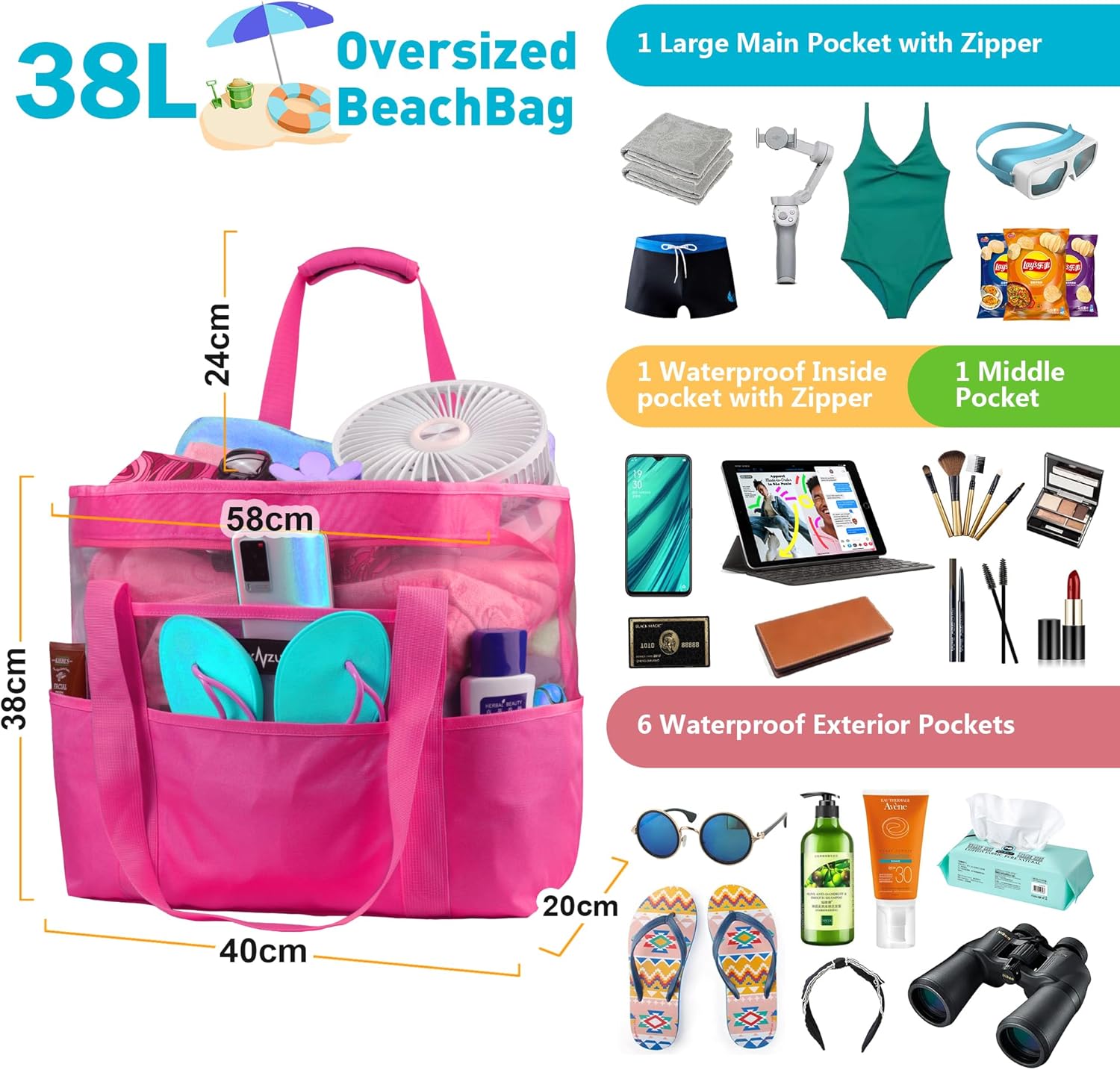Thumbnail 2 de ZUXNZUX Mesh Strandtasche XXL – Gigantischer, faltbarer Begleiter mit Reißverschluss