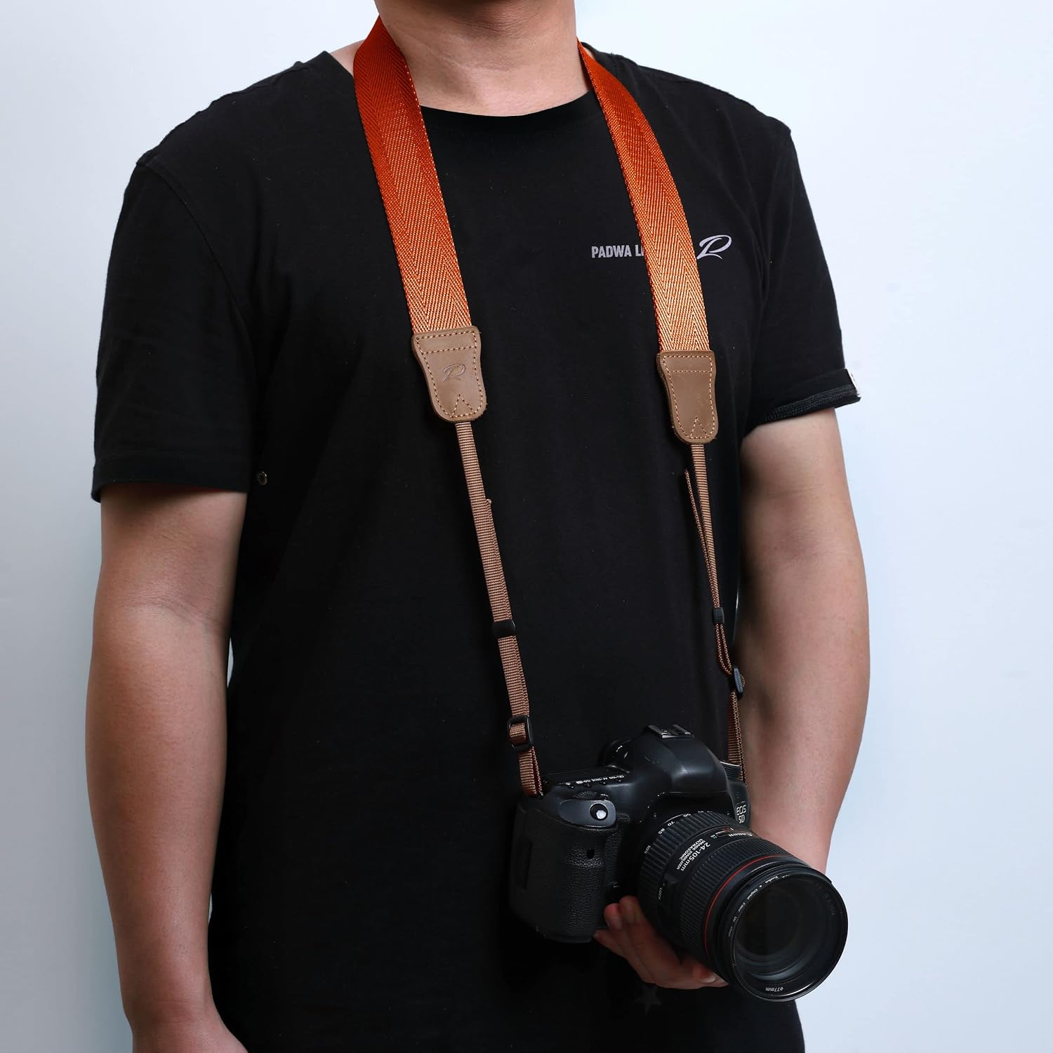 Thumbnail 1 de Padwa Lifestyle Orange Camera Strap – Double Layer Cowhide Ends, 1.5" Wide Cotton Weave, Adjustable