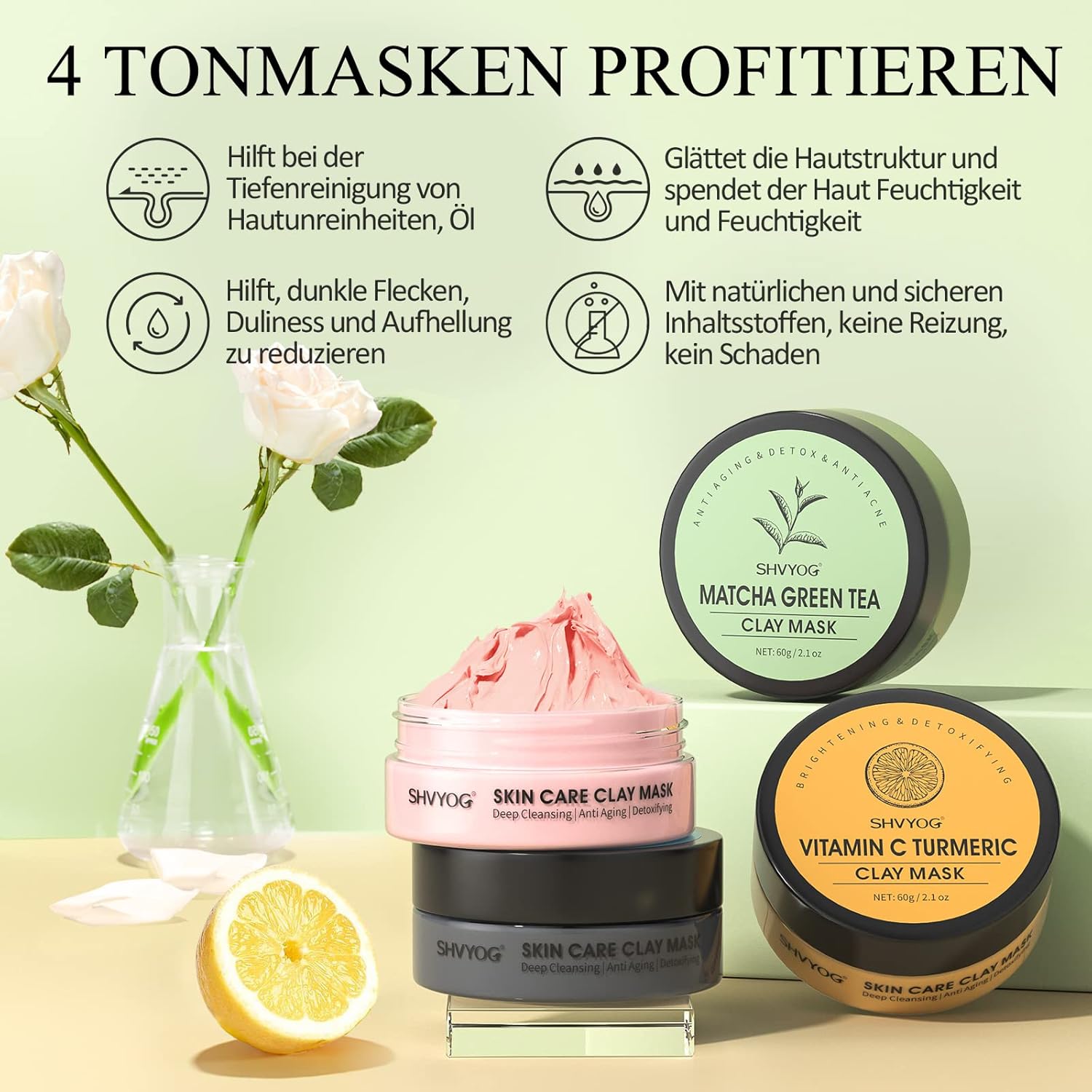 Thumbnail 2 de Ton-Gesichtsmasken-Kit (4-in-1) mit Vitamin-C-Kurkuma-, Totes-Meer-Schlamm-, Grüntee- und Rosentonerde-Maske, 240 g