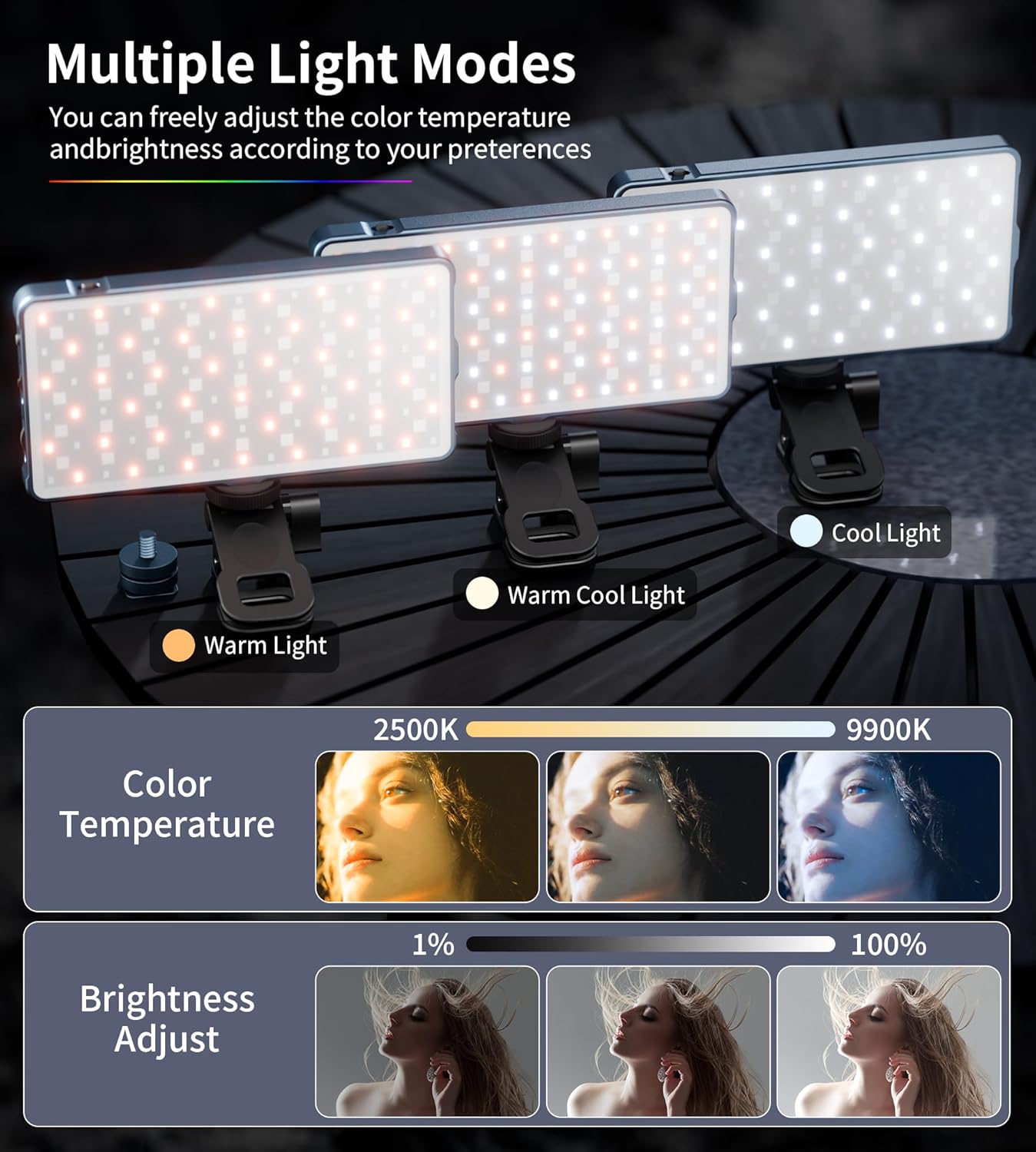 Detalle de Selfie Camera Phone Light with Metal Hotshoe & Clip (135 LED, CRI 96+, 2500K–9900K) for iPhone, TikTok Live & Video Calls