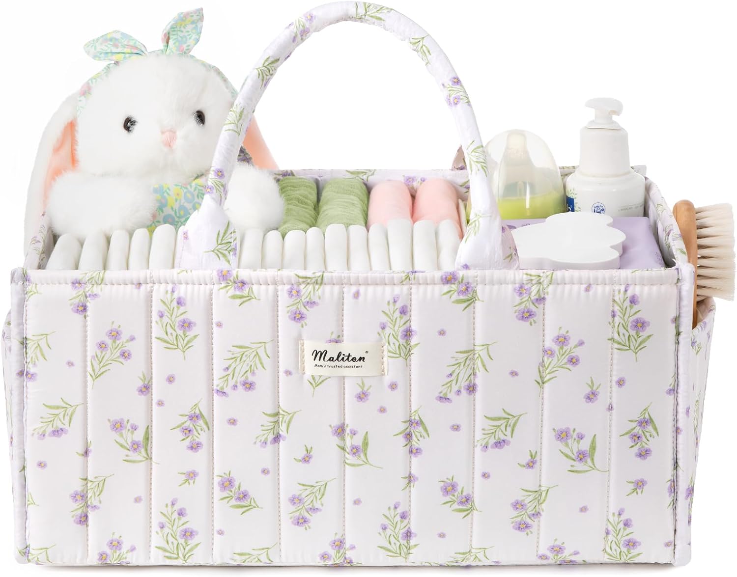 Maliton Nappy Caddy Organiser – Floral Baby Changing Caddy with Removable Dividers and Side Pockets