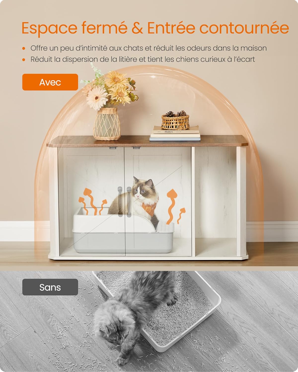 Thumbnail 5 de Meuble litière Feandrea PCL012K01 à double porte, entrée par l’avant (85 x 48,5 x 50 cm) marron miel & blanc rustique