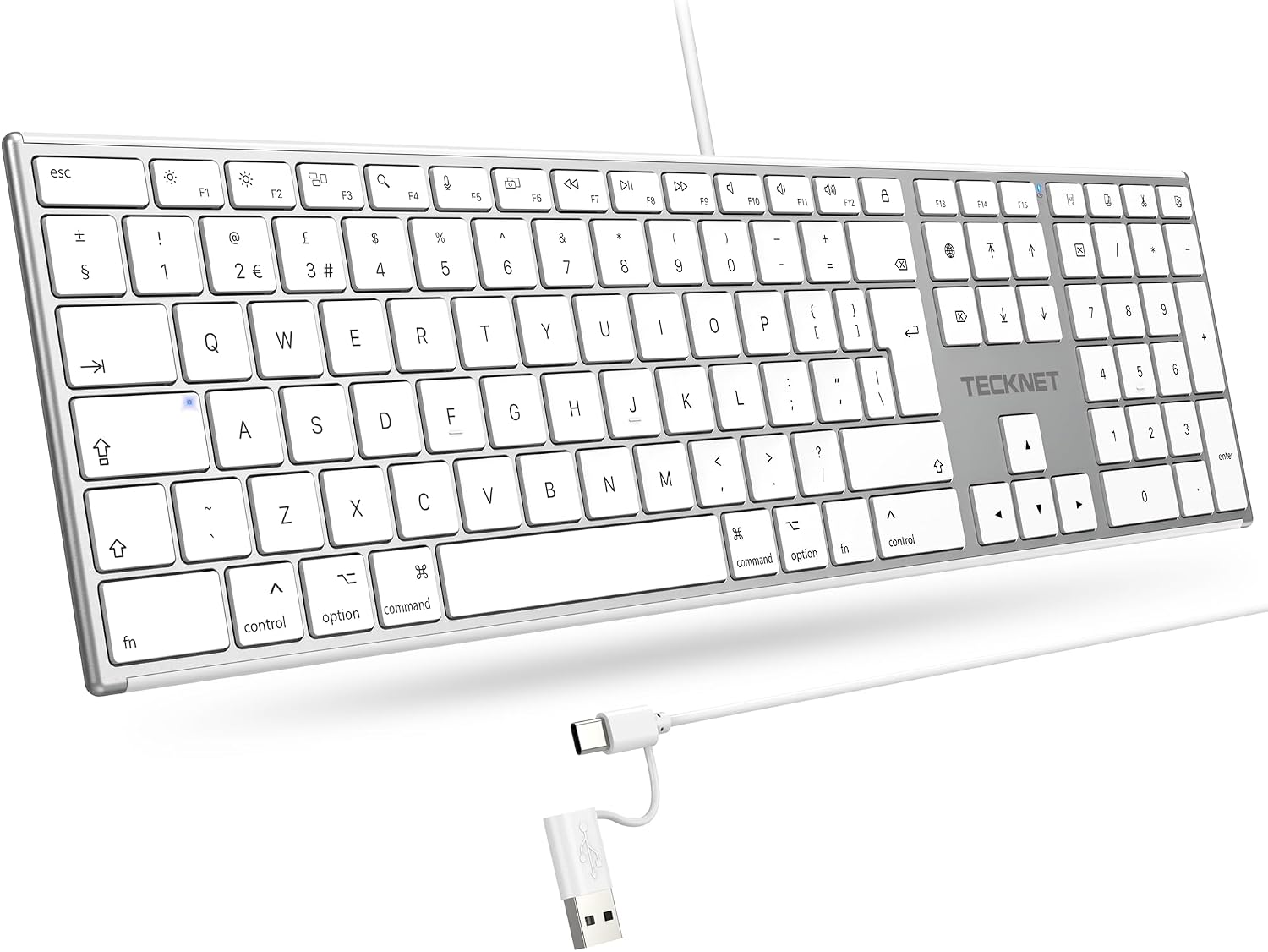 Detalle de TECKNET Wired Keyboard for Mac with Number Keypad – UK layout, Type-C & USB-A