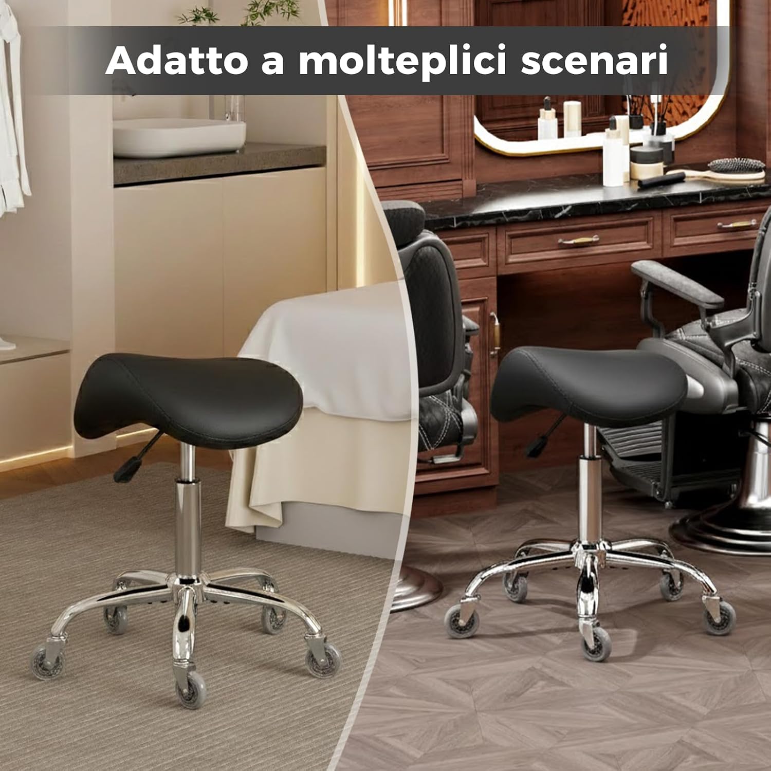 Thumbnail 2 de BEWISHOME Sgabello a Sella Ergonomico con Ruote – Regolazione idraulica 55–68 cm, seduta ampia in PU e capacità 200 kg