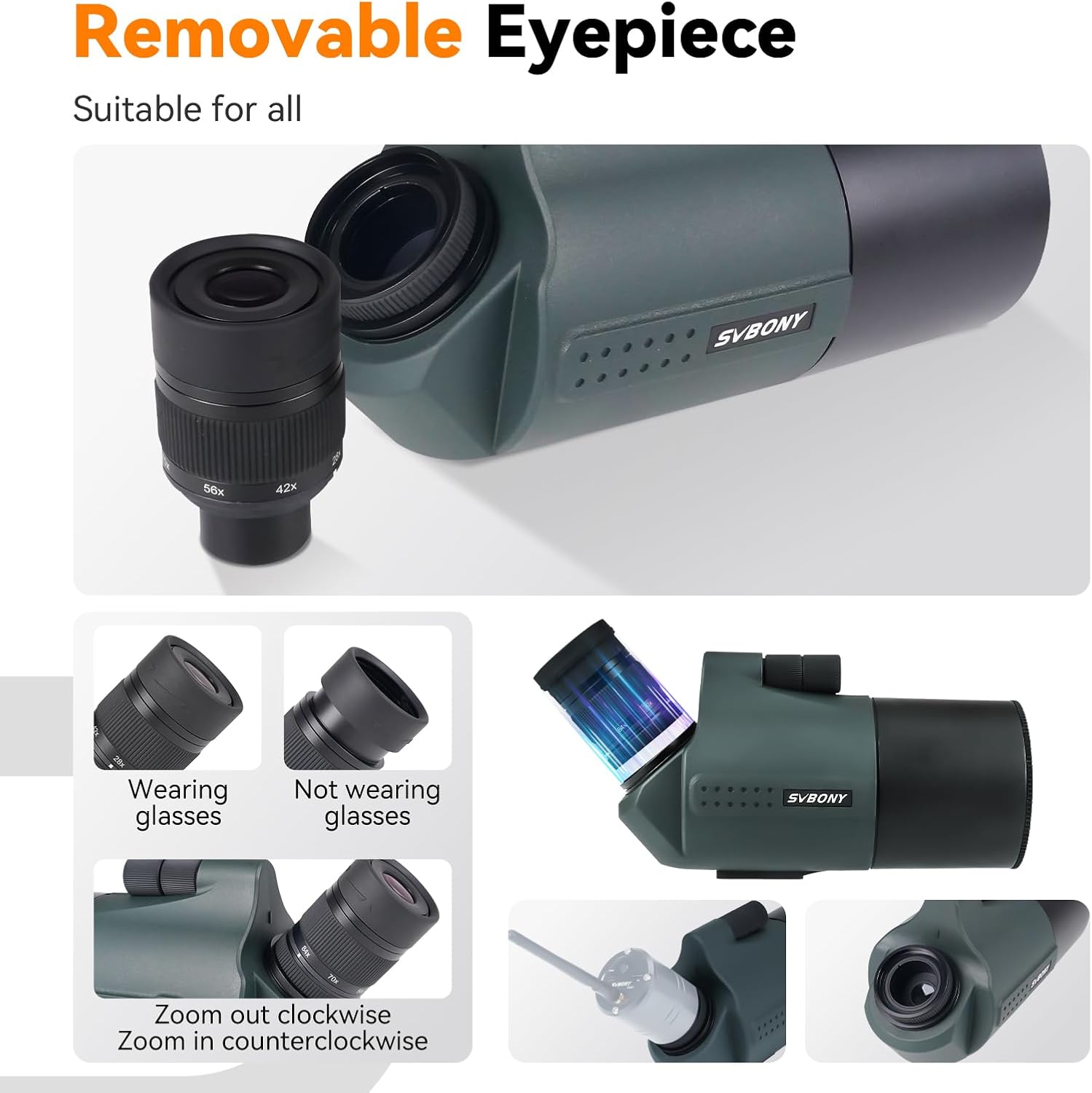 Detalle 2 de SvBony SV41Pro Mini Télescope d’observation Maksutov-Coudé 28-84×80 mm avec oculaire FMC amovible 3,2 cm, viseur SV182 et adaptateur tir à l’arc