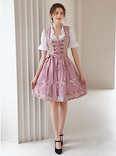 Detalle de EIISSION Dirndl Damen Midi Trachtenkleid inklusive Rock, Bluse und Schürze – Pink, Größe 36