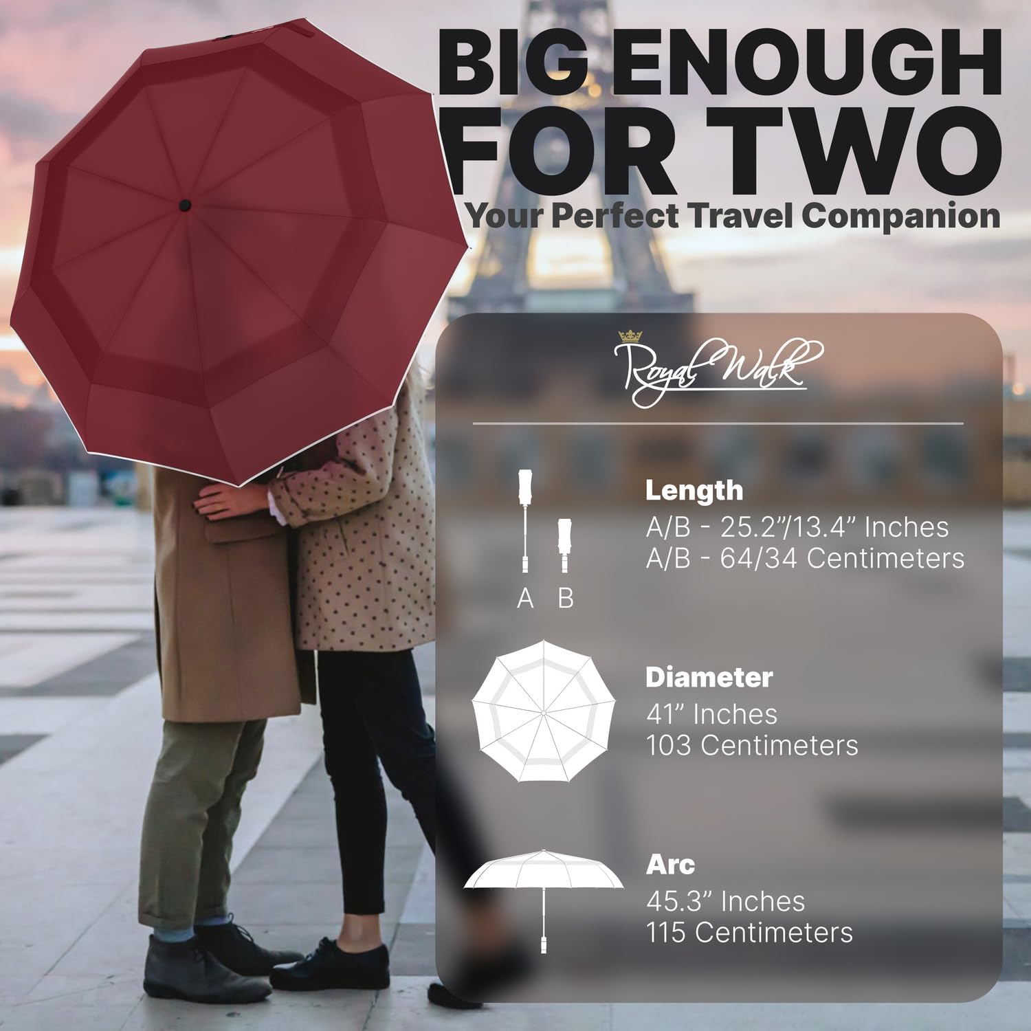 Thumbnail 1 de Royal Walk Windproof Folding Travel Umbrella with Real Wood Handle – Dark Red