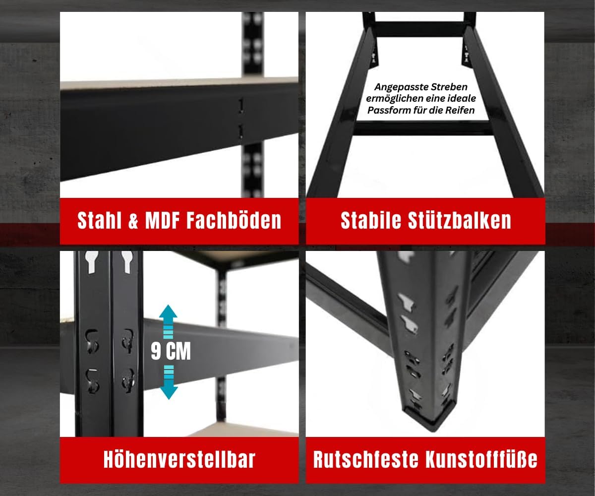 Detalle de PROREGAL Reifenregal Tiger (180 x 120 x 40 cm) für bis zu 6 Reifen + 3 Ablagen, Schwarz
