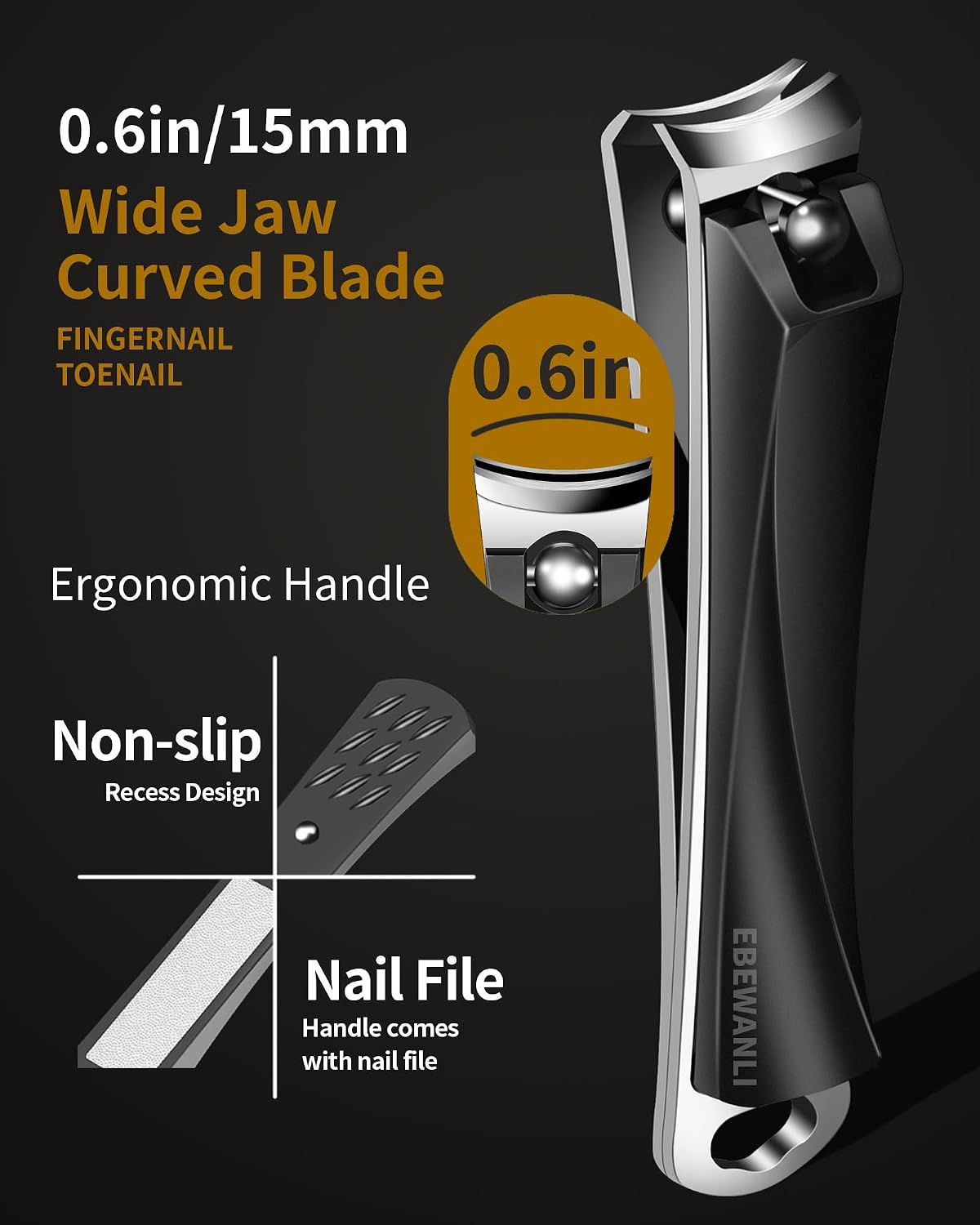 Thumbnail 3 de EBEWANLI Large Nail Clippers: 15mm Ultra Wide Jaw with Built‑in Nail File